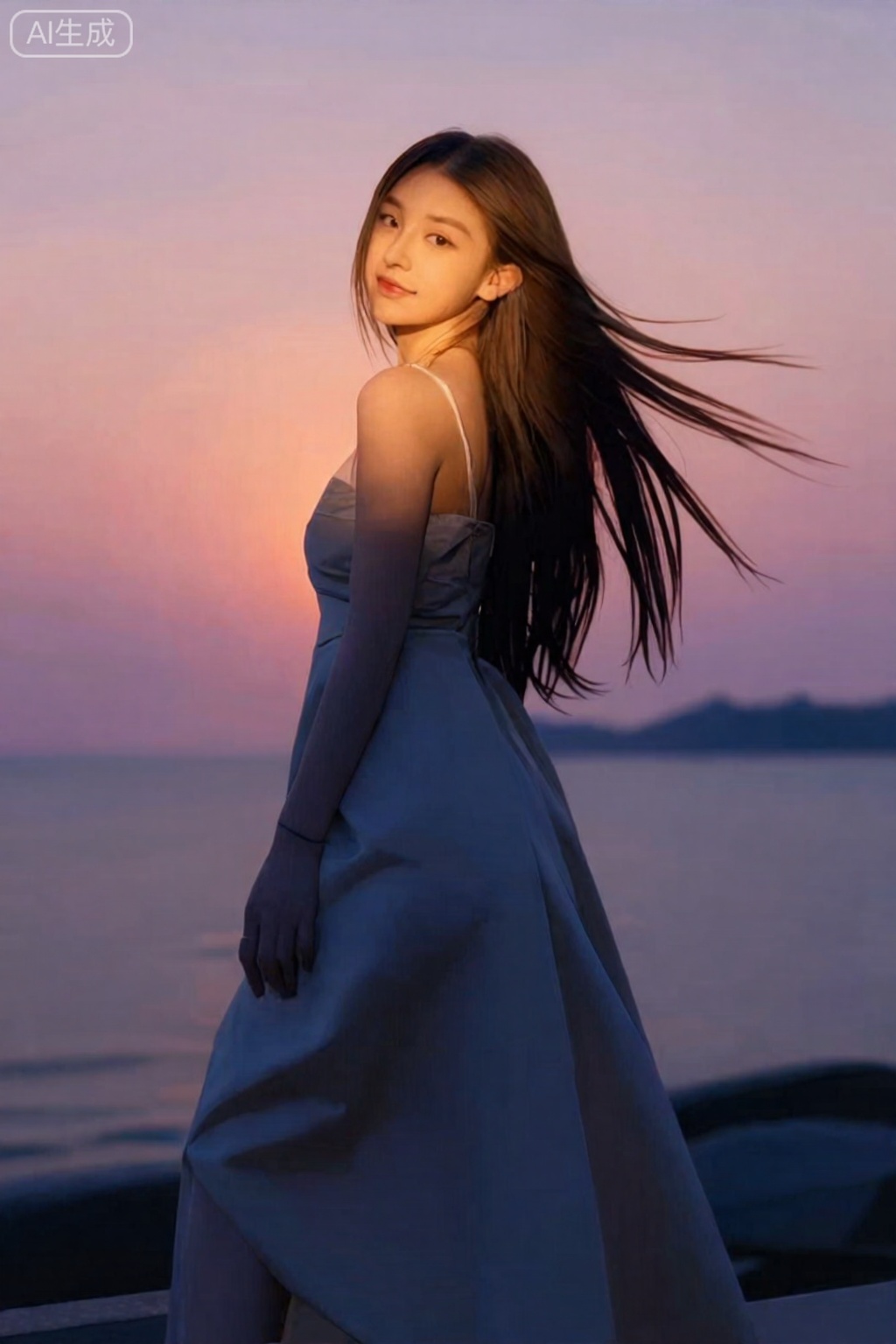 

一位长发飘飘的活力女孩,在日落时分的海边。她穿着飘逸的吊带长裙,。她回头望向镜头,夕阳的余晖为她勾勒出金色的轮廓,。背景是粉紫色渐变的天空,整个画面充满电影感和治愈感。
镜头参数：索尼A7R V, FE 135mm f/1.8 GM, f/2.8, 1/1000s, ISO 100。。,依琳