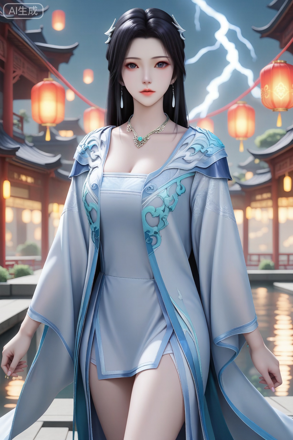 彩蝶仙子,masterpiece,best quality,official art,extremely detailed CG unity 8k wallpaper,1girl, solo, long hair, looking at viewer, black hair, hair ornament, long sleeves, dress, jewelry, earrings, necklace, bare legs,chinese clothes,
