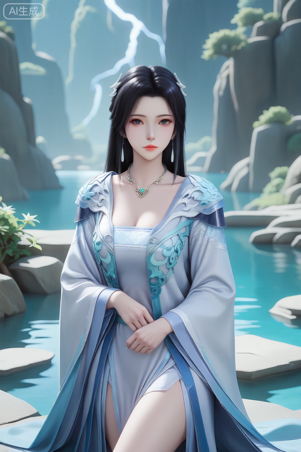 彩蝶仙子,masterpiece,best quality,official art,extremely detailed CG unity 8k wallpaper,1girl, solo, long hair, looking at viewer, black hair, hair ornament, long sleeves, dress, jewelry, earrings, necklace, bare legs,chinese clothes,