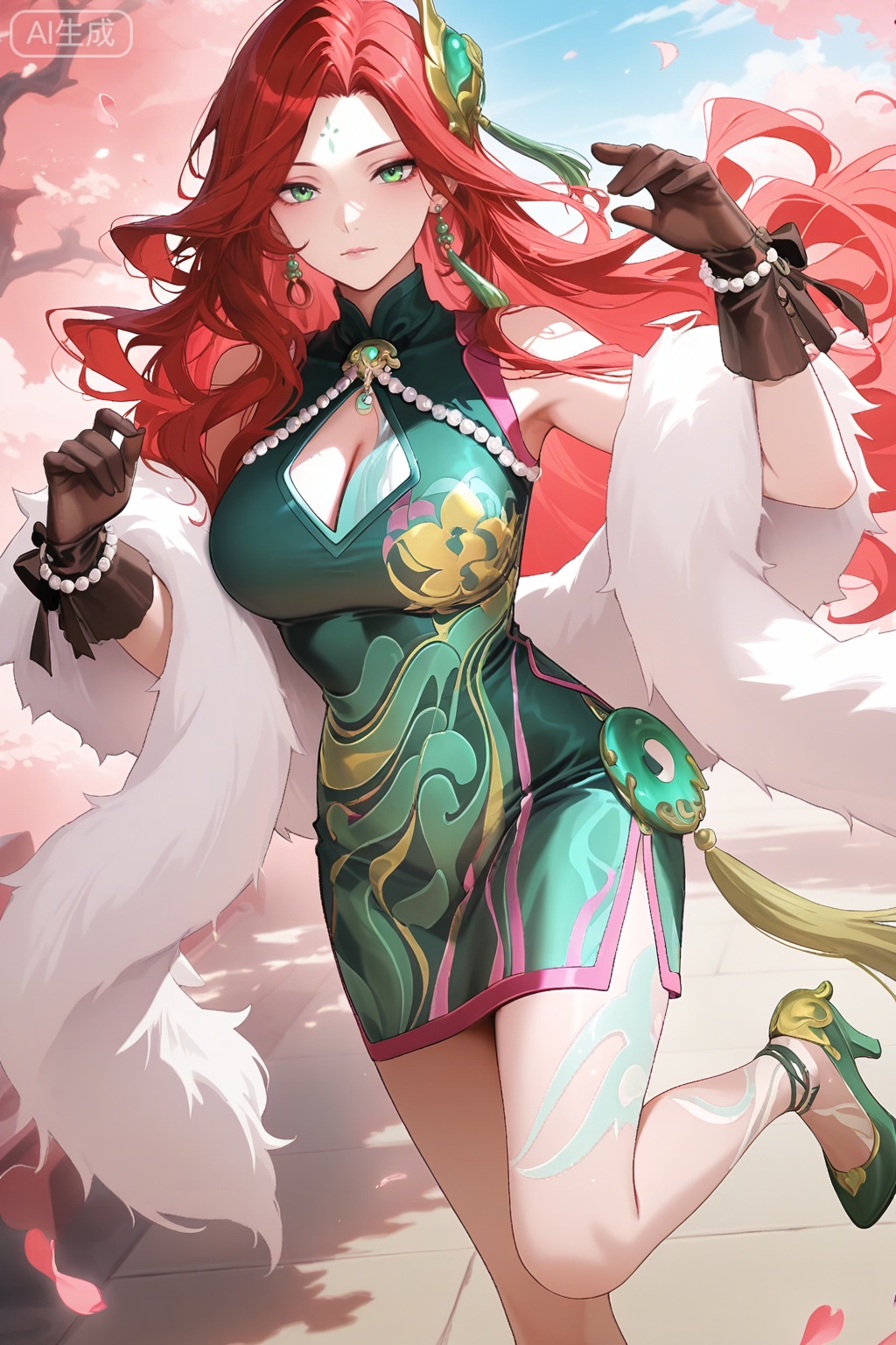 anime screencap,anime coloring,masterpiece,best quality,very aesthetic,amazing quality,best illumination,newest,perfect anatomy, ,looking at viewer,solo,red-pink long hair,green eyes,forehead mark,long hair,red-pink long hair,red hair,jewelry,earrings,breasts,cleavage,intricate details,hair ornament,dress,green dress,china dress,green qipao with patterns,qipao high collar with pearl decorations,clothing cutout,cleavage cutout,white fur stole,tassel,brown gloves,black gloves,see-through,see-through gloves,bow gloves,pearl bracelet,pearl,green footwear,high heels,green high heels,gold trim high heels,leg tattoo,leg decoration,bare legs,jade pendant,waist pendant,ribbon trim,sky,petals,,day,,random pose, dynamic pose,sexy pose