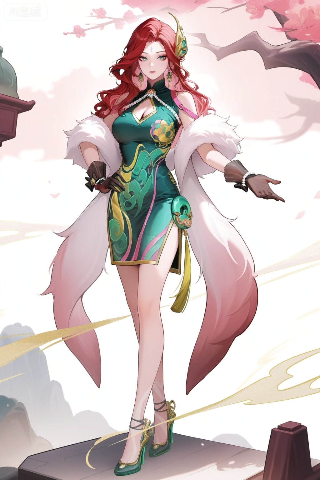 1girl,standing,white background,hand on hip,outstretched hand,separated legs,fmly,solo,red-pink long hair,green eyes,eyeshadow,long hair,makeup,facial mark,forehead mark,jewelry,earrings,hair ornament,breasts,cleavage,dress,green dress,china dress,clothing cutout,cleavage cutout,white fur shawl,waist pendant,tassel,see-through ribbon,black gloves,see-through gloves,bow gloves,pearl bracelet,pearl,ornate high heels,gold trim high heels,foot decoration,bare legs,