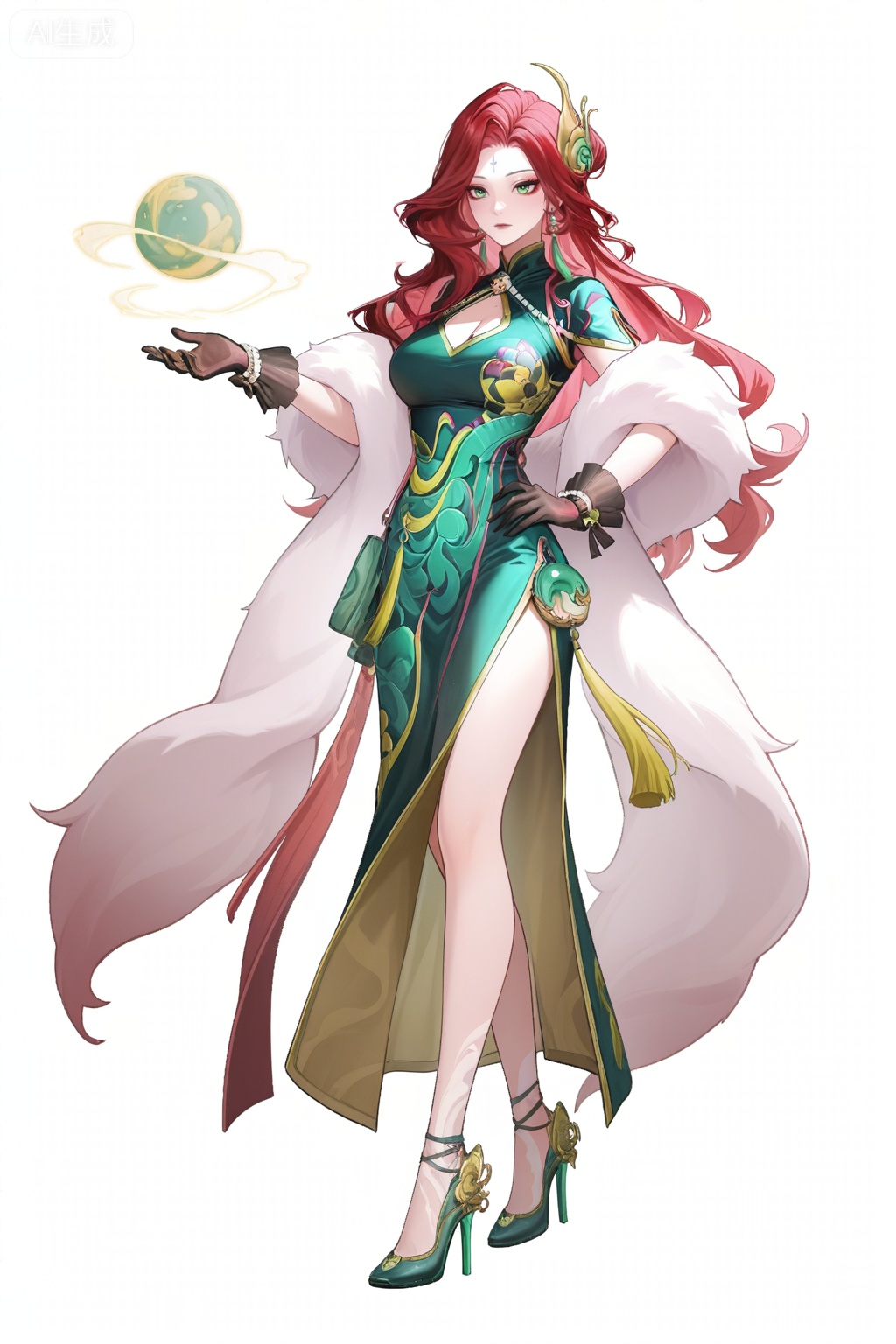 1girl,standing,white background,hand on hip,outstretched hand,separated legs,fmly,solo,red-pink long hair,green eyes,eyeshadow,long hair,makeup,facial mark,forehead mark,jewelry,earrings,hair ornament,breasts,cleavage,dress,green dress,china dress,clothing cutout,cleavage cutout,white fur shawl,waist pendant,tassel,see-through ribbon,black gloves,see-through gloves,bow gloves,pearl bracelet,pearl,ornate high heels,gold trim high heels,foot decoration,bare legs,