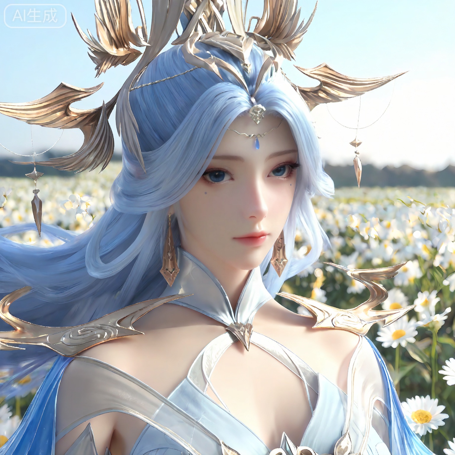 masterpiece,high quality,tall,game cg,highres,(soft light:1.2),white_skin,(shiny_skin:0.6),(realistic:1.1),,lvjing,,ningyudie,1girl,solo,dress,blue dress,blue eyes,hair ornament,jewelry,long hair,detached sleeves,bare shoulders,blue hair,closed mouth,earrings,long sleeves,white dress,white_background,simple background,cover,flower field,wind,floating hair,day,(portrait:1.2),(looking_at_viewer:1.1),front view,