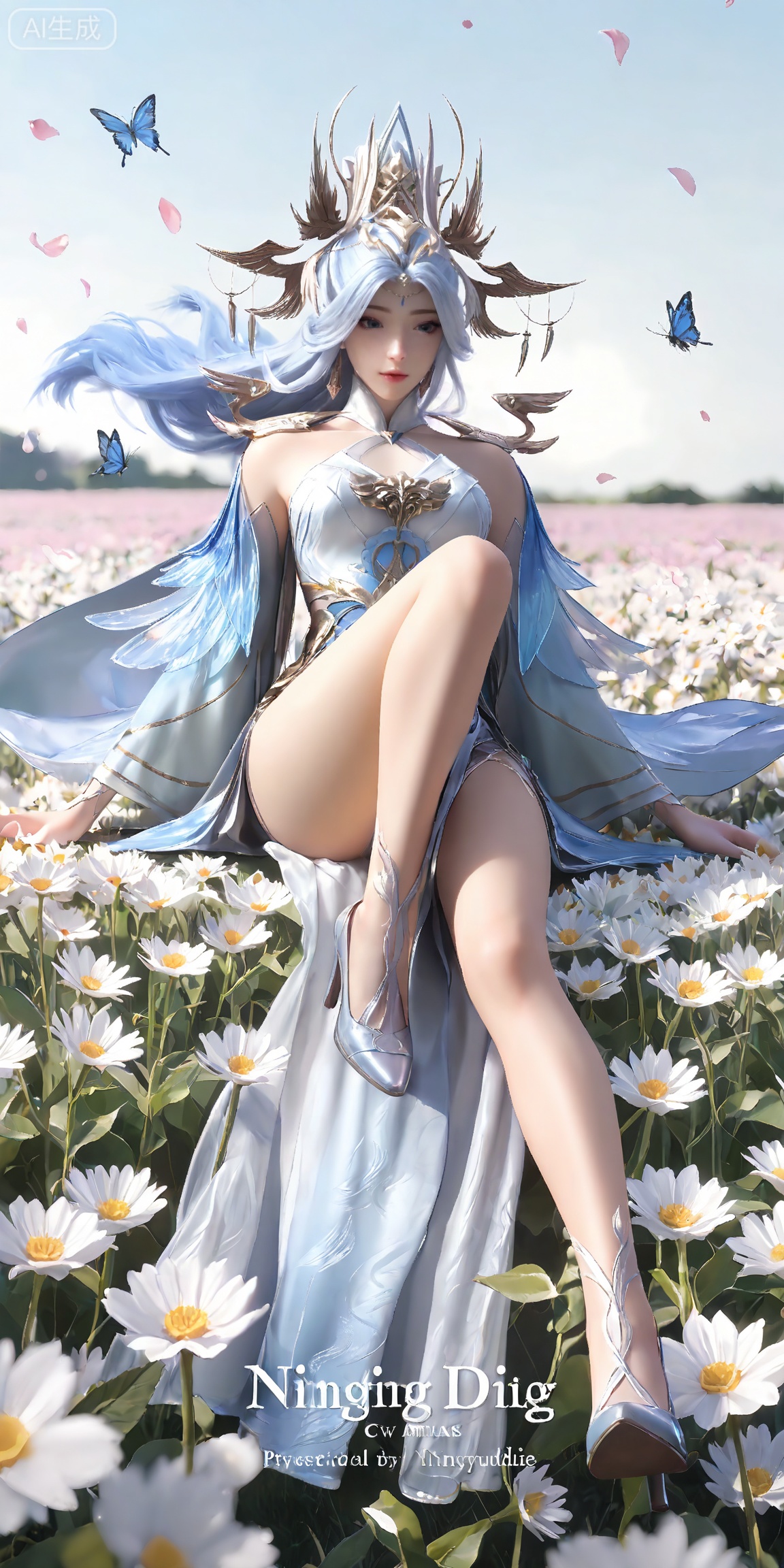 masterpiece,high quality,tall,game cg,highres,(soft light:1.2),white_skin,(shiny_skin:0.6),(realistic:1.1),,lvjing,,ningyudie,
ningyudie,1girl,dress,long hair,hair ornament,solo,white dress,bare legs,detached sleeves,white hair,bare shoulders,blue hair,blue eyes,jewelry,
1girl,butterfly,bug,cover,english text,day,wind,floating hair,petals,floating petals,flower field,white_background,legs,long legs,high_heels,sitting,leg up,