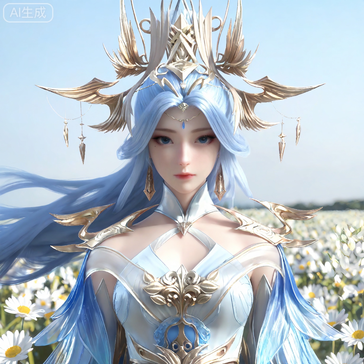 masterpiece,high quality,tall,game cg,highres,(soft light:1.2),white_skin,(shiny_skin:0.6),(realistic:1.1),,lvjing,,ningyudie,1girl,solo,dress,blue dress,blue eyes,hair ornament,jewelry,long hair,detached sleeves,bare shoulders,blue hair,closed mouth,earrings,long sleeves,white dress,white_background,simple background,cover,flower field,wind,floating hair,day,(portrait:1.2),(looking_at_viewer:1.1),front view,
