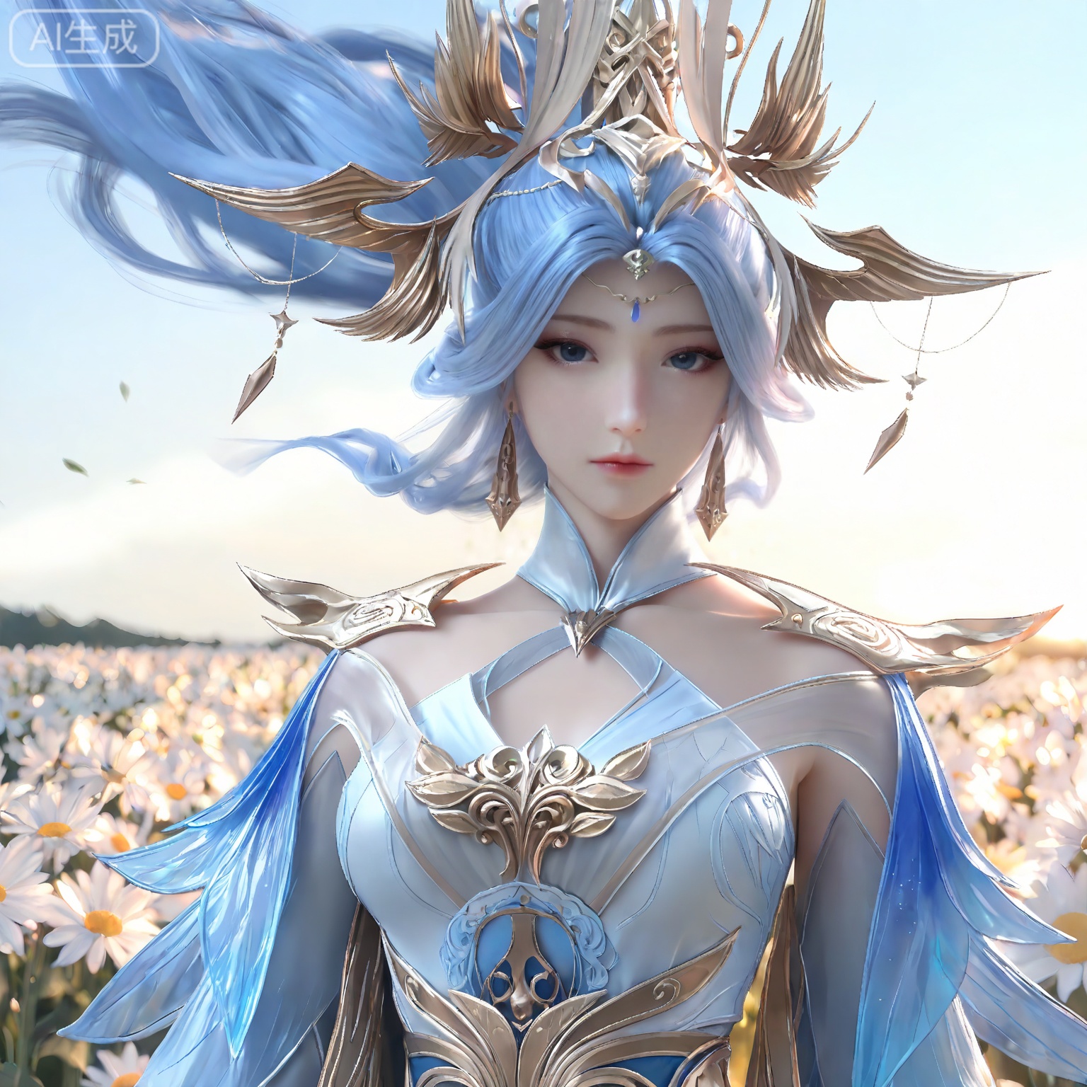 masterpiece,high quality,tall,game cg,highres,(soft light:1.2),white_skin,(shiny_skin:0.6),(realistic:1.1),,lvjing,,ningyudie,1girl,solo,dress,blue dress,blue eyes,hair ornament,jewelry,long hair,detached sleeves,bare shoulders,blue hair,closed mouth,earrings,long sleeves,white dress,white_background,simple background,cover,flower field,wind,floating hair,day,(portrait:1.2),(looking_at_viewer:1.1),front view,