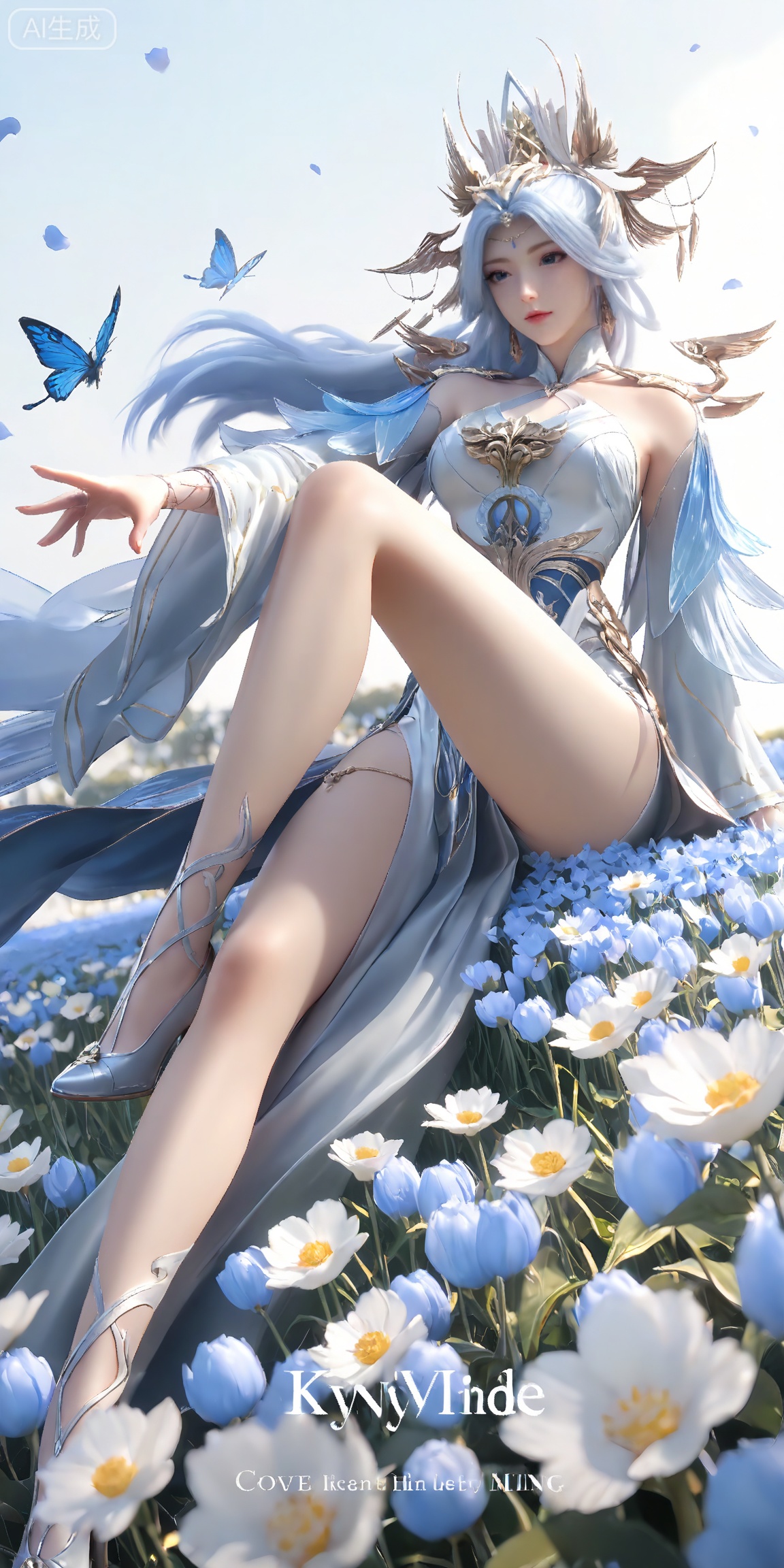 masterpiece,high quality,tall,game cg,highres,(soft light:1.2),white_skin,(shiny_skin:0.6),(realistic:1.1),,lvjing,,ningyudie,
ningyudie,1girl,dress,long hair,hair ornament,solo,white dress,bare legs,detached sleeves,white hair,bare shoulders,blue hair,blue eyes,jewelry,
1girl,butterfly,bug,cover,english text,day,wind,floating hair,petals,floating petals,flower field,white_background,legs,long legs,high_heels,sitting,leg up,
