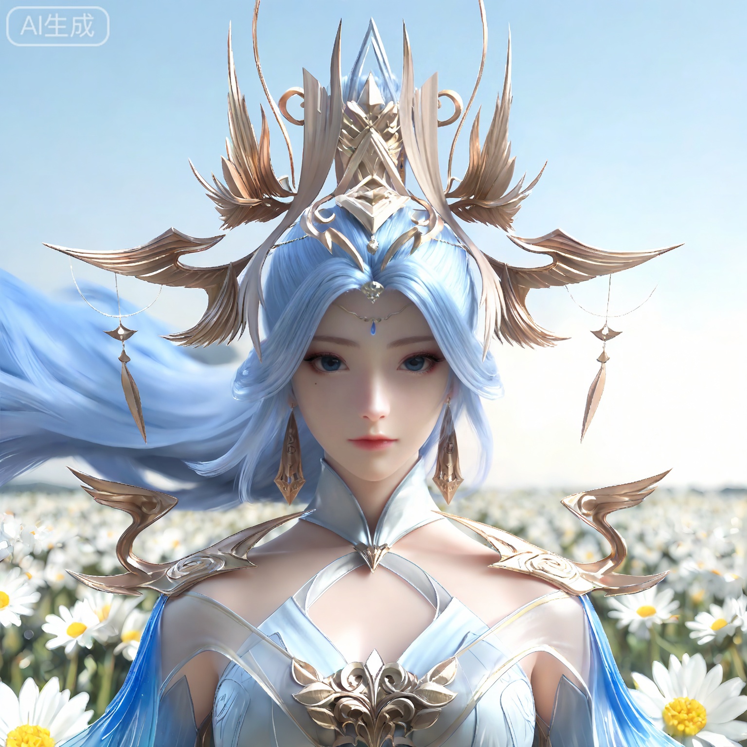 masterpiece,high quality,tall,game cg,highres,(soft light:1.2),white_skin,(shiny_skin:0.6),(realistic:1.1),,lvjing,,ningyudie,1girl,solo,dress,blue dress,blue eyes,hair ornament,jewelry,long hair,detached sleeves,bare shoulders,blue hair,closed mouth,earrings,long sleeves,white dress,white_background,simple background,cover,flower field,wind,floating hair,day,(portrait:1.2),(looking_at_viewer:1.1),front view,