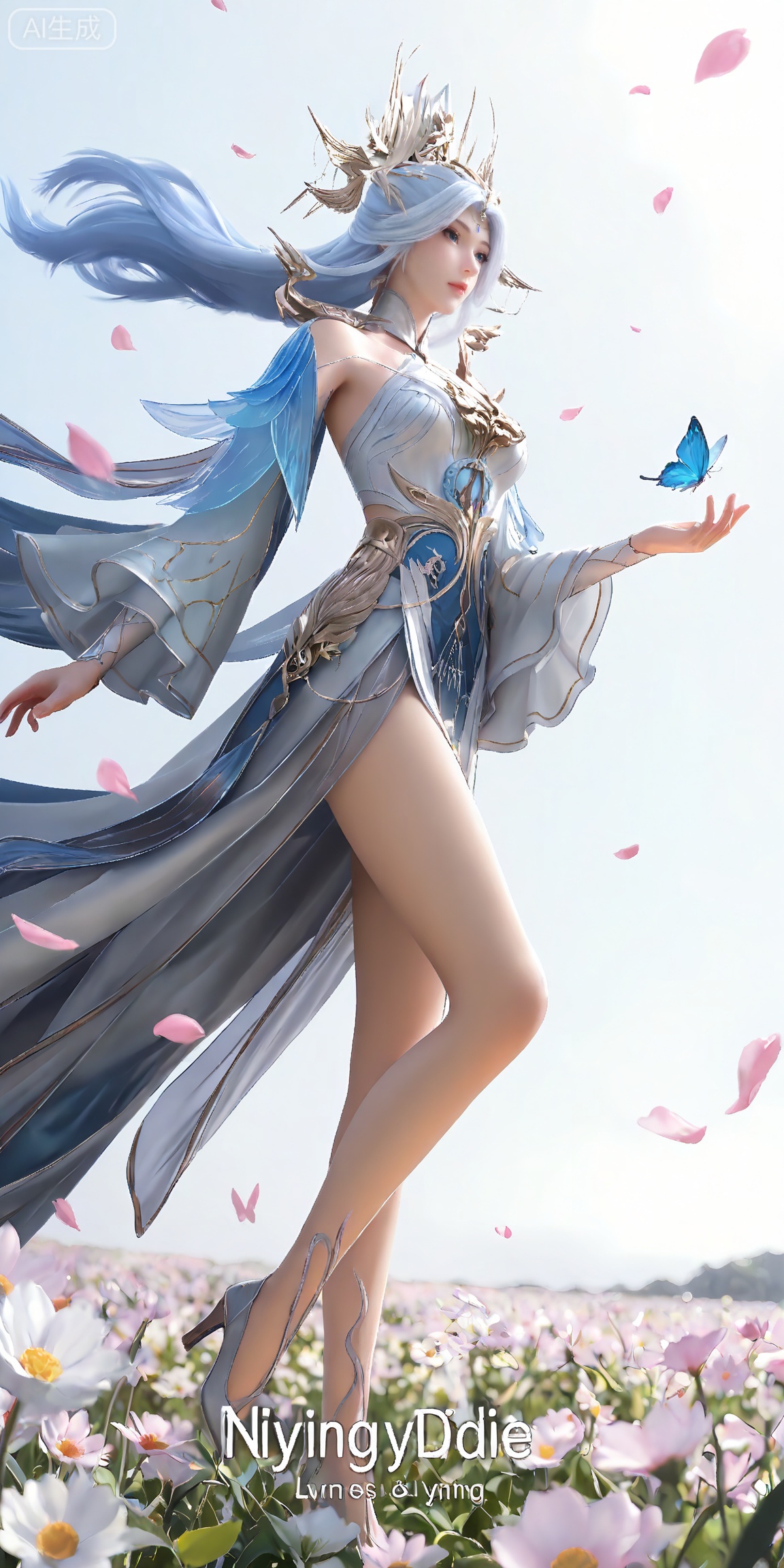masterpiece,high quality,tall,game cg,highres,(soft light:1.2),white_skin,(shiny_skin:0.6),(realistic:1.1),,lvjing,,ningyudie,
ningyudie,1girl,dress,long hair,hair ornament,solo,white dress,bare legs,detached sleeves,white hair,bare shoulders,blue hair,blue eyes,jewelry,
1girl,butterfly,bug,cover,english text,day,wind,floating hair,petals,floating petals,flower field,white_background,legs,long legs,high_heels,leg up,standing,posing,