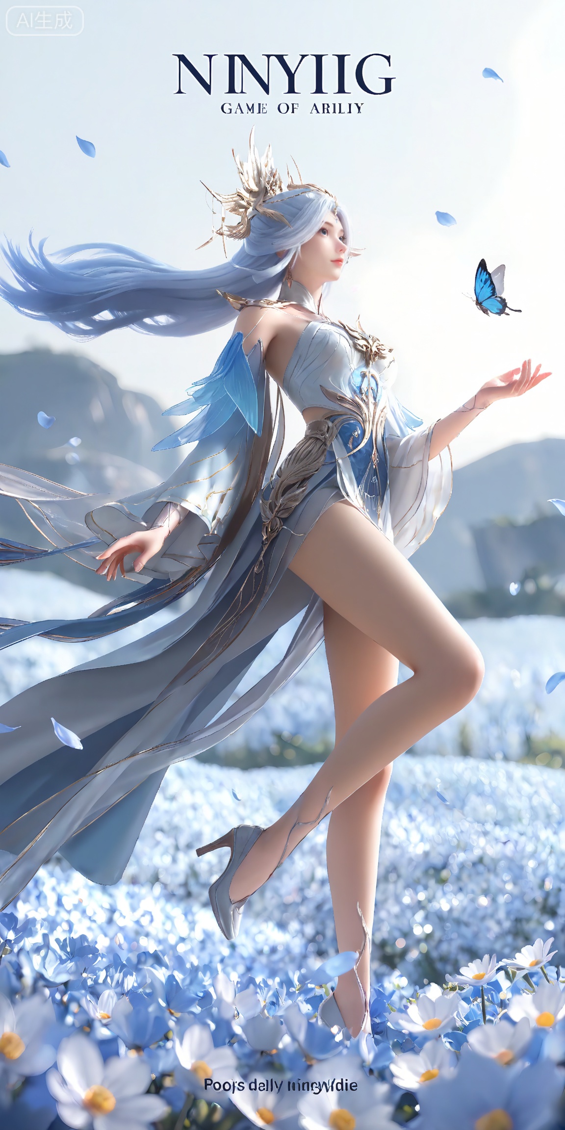 masterpiece,high quality,tall,game cg,highres,(soft light:1.2),white_skin,(shiny_skin:0.6),(realistic:1.1),,lvjing,,ningyudie,
ningyudie,1girl,dress,long hair,hair ornament,solo,white dress,bare legs,detached sleeves,white hair,bare shoulders,blue hair,blue eyes,jewelry,
1girl,butterfly,bug,cover,english text,day,wind,floating hair,petals,floating petals,flower field,white_background,legs,long legs,high_heels,leg up,standing,posing,