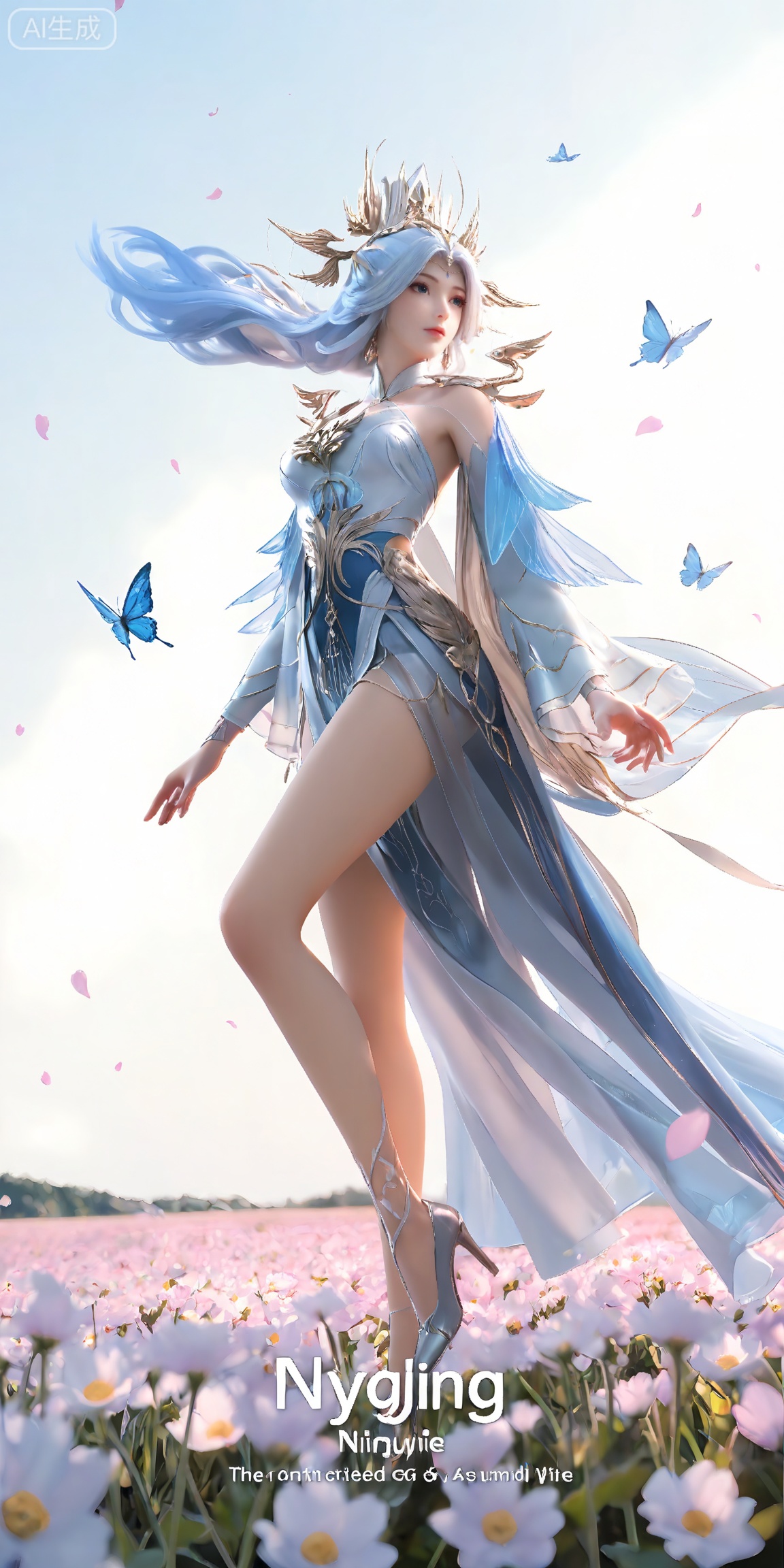 masterpiece,high quality,tall,game cg,highres,(soft light:1.2),white_skin,(shiny_skin:0.6),(realistic:1.1),,lvjing,,ningyudie,
ningyudie,1girl,dress,long hair,hair ornament,solo,white dress,bare legs,detached sleeves,white hair,bare shoulders,blue hair,blue eyes,jewelry,
1girl,butterfly,bug,cover,english text,day,wind,floating hair,petals,floating petals,flower field,white_background,legs,long legs,high_heels,leg up,standing,posing,