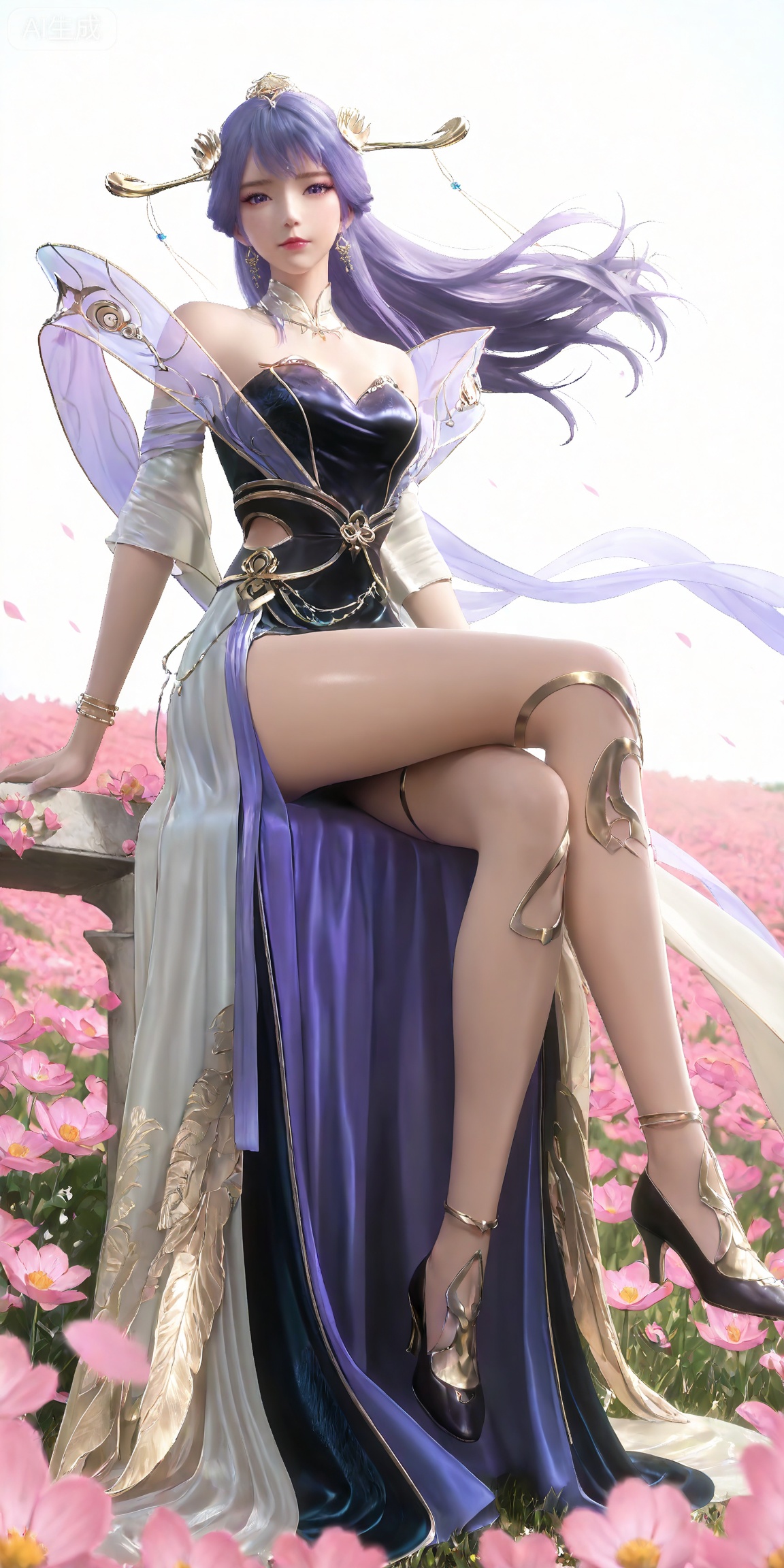 masterpiece,high quality,tall,game cg,highres,(soft light:1.2),white_skin,(shiny_skin:0.6),(realistic:1.1),,lvjing,,tianqiong,hair ornament,dress,long hair,jewelry,earrings,purple hair,bare shoulders,bracelet,closed mouth,detached collar,purple eyes,white_background,simple background,cover,flower field,wind,floating hair,day,(looking_at_viewer:1.1),legs,long legs,high heels,sitting,