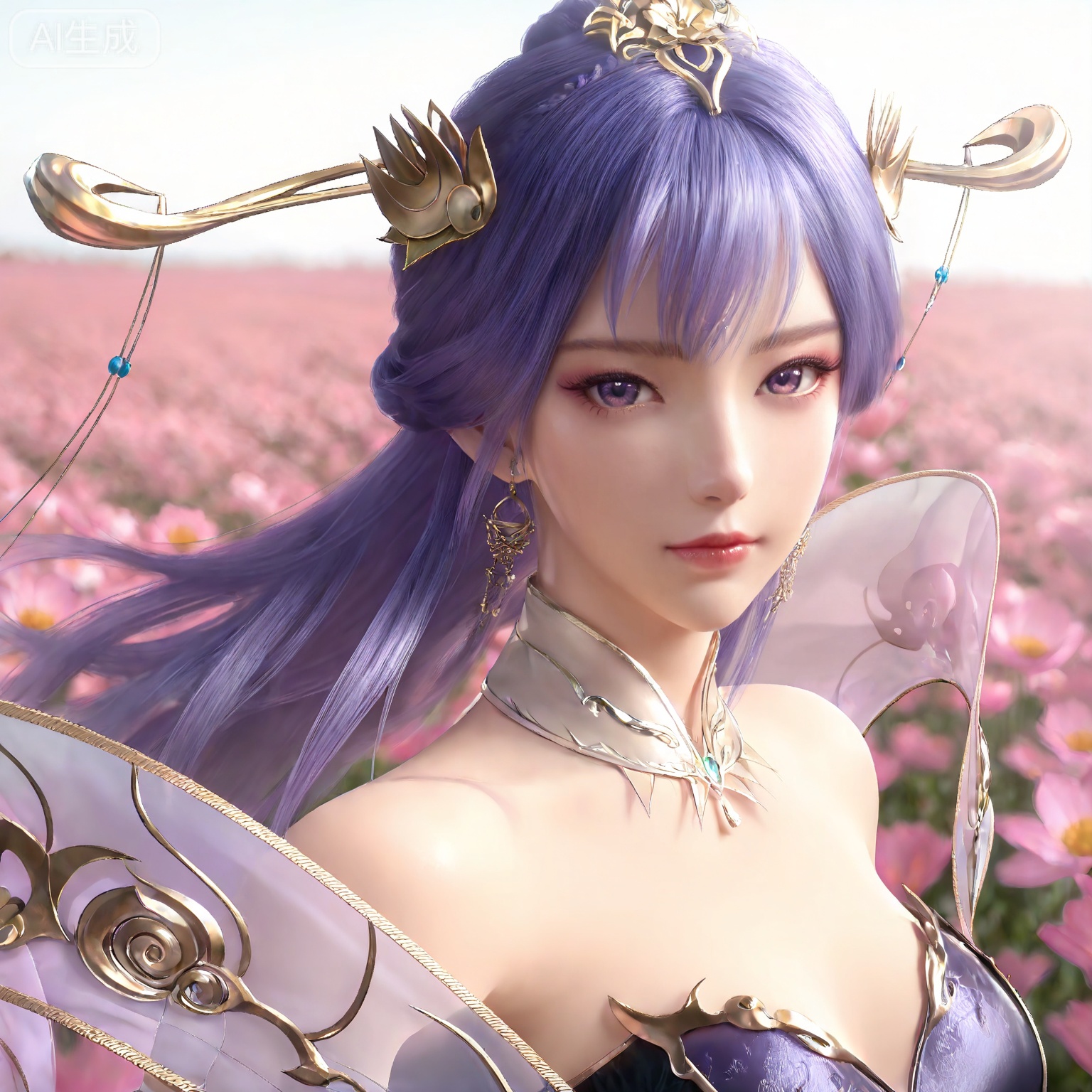 masterpiece,high quality,tall,game cg,highres,(soft light:1.2),white_skin,(shiny_skin:0.6),(realistic:1.1),,lvjing,,tianqiong,hair ornament,dress,long hair,jewelry,earrings,purple hair,bare shoulders,bracelet,closed mouth,detached collar,purple eyes,white_background,simple background,cover,flower field,wind,floating hair,day,(portrait:1.2),(looking_at_viewer:1.1),front view,