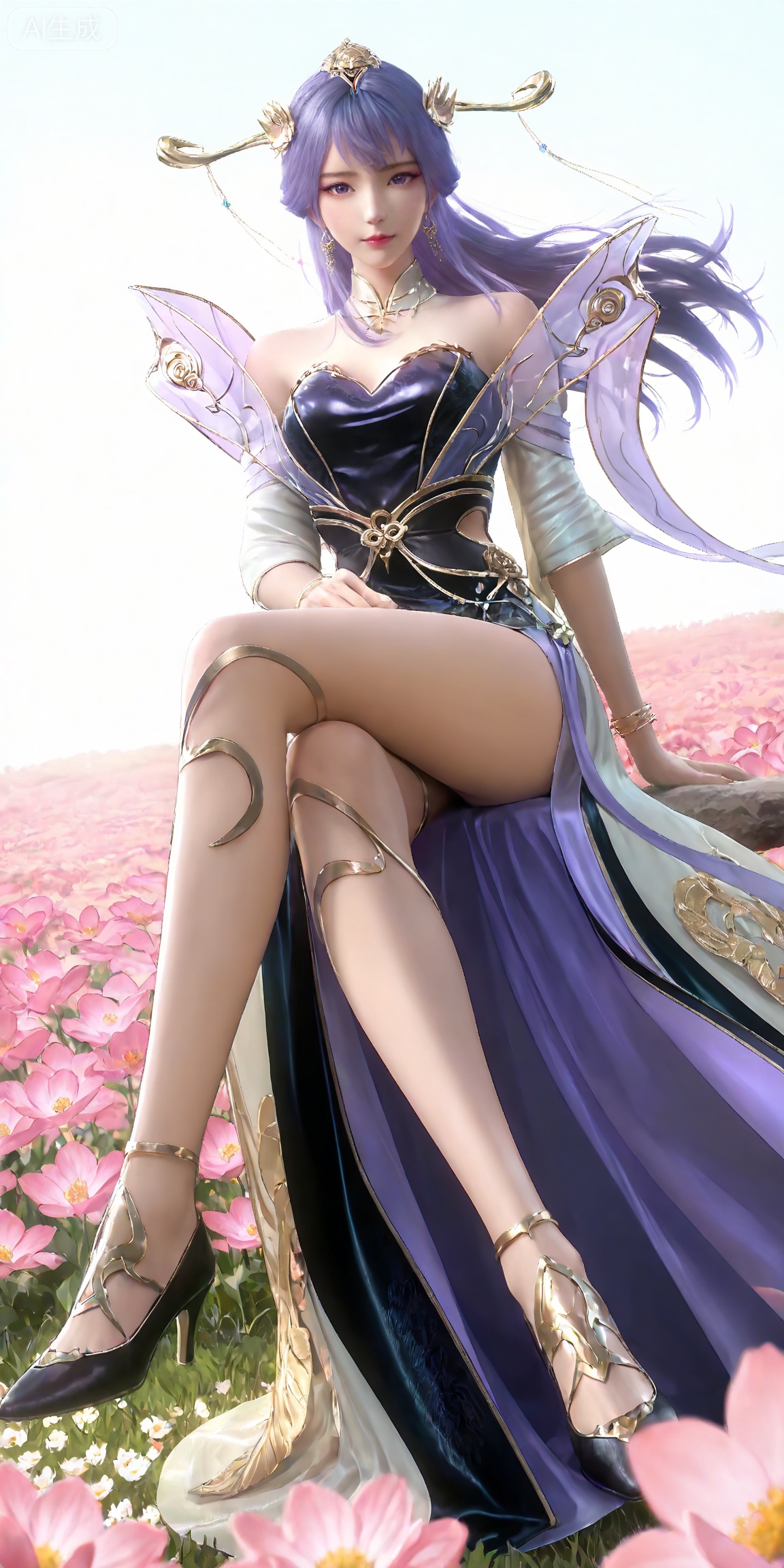 masterpiece,high quality,tall,game cg,highres,(soft light:1.2),white_skin,(shiny_skin:0.6),(realistic:1.1),,lvjing,,tianqiong,hair ornament,dress,long hair,jewelry,earrings,purple hair,bare shoulders,bracelet,closed mouth,detached collar,purple eyes,white_background,simple background,cover,flower field,wind,floating hair,day,(looking_at_viewer:1.1),legs,long legs,high heels,sitting,