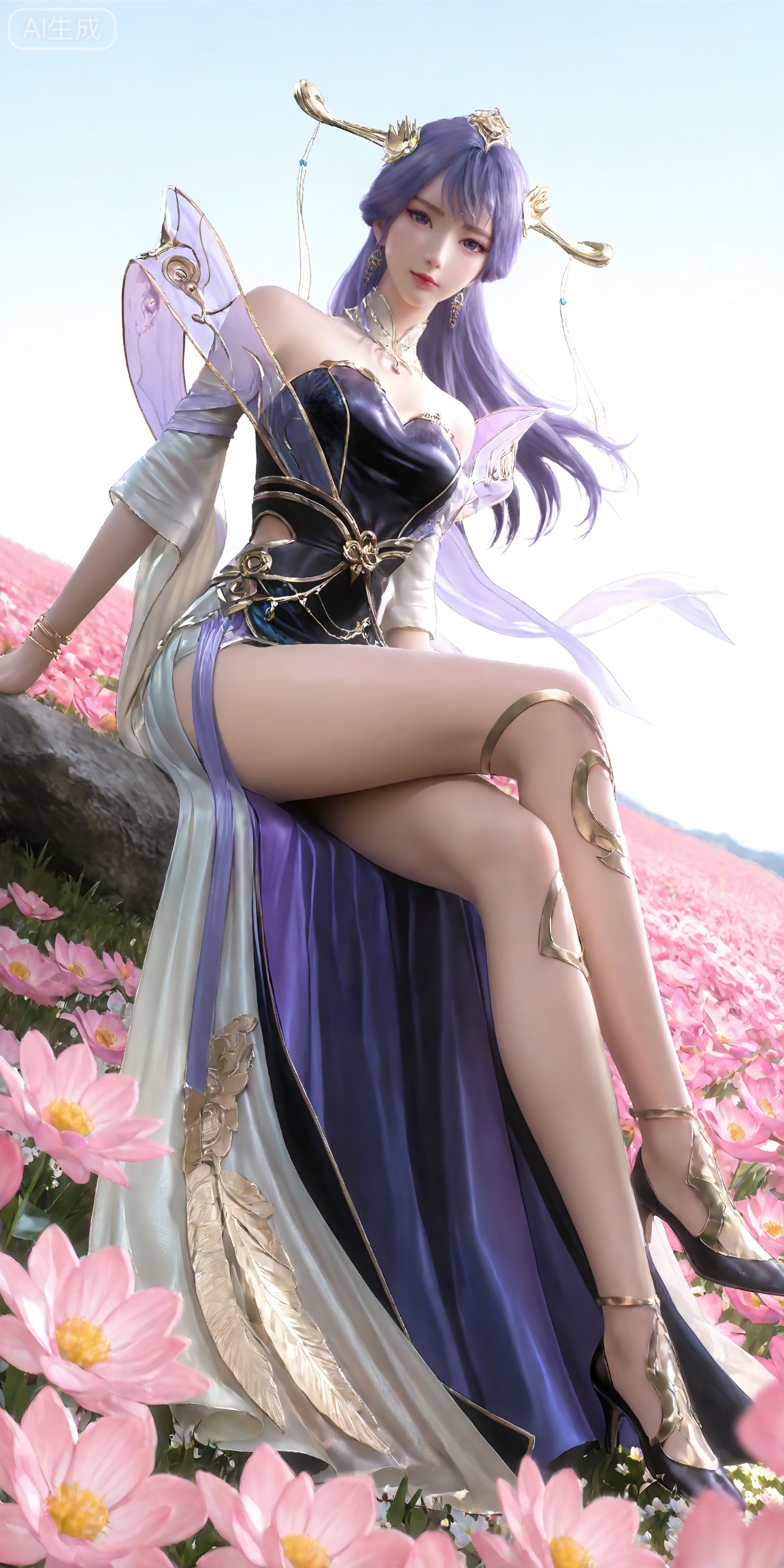masterpiece,high quality,tall,game cg,highres,(soft light:1.2),white_skin,(shiny_skin:0.6),(realistic:1.1),,lvjing,,tianqiong,hair ornament,dress,long hair,jewelry,earrings,purple hair,bare shoulders,bracelet,closed mouth,detached collar,purple eyes,white_background,simple background,cover,flower field,wind,floating hair,day,(looking_at_viewer:1.1),legs,long legs,high heels,sitting,