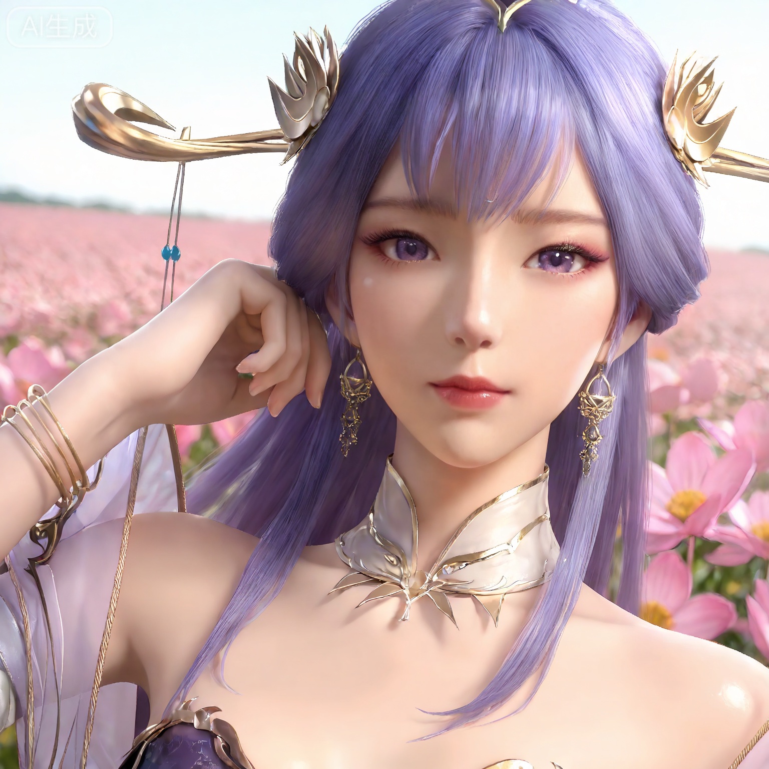 masterpiece,high quality,tall,game cg,highres,(soft light:1.2),white_skin,(shiny_skin:0.6),(realistic:1.1),,lvjing,,tianqiong,hair ornament,dress,long hair,jewelry,earrings,purple hair,bare shoulders,bracelet,closed mouth,detached collar,purple eyes,white_background,simple background,cover,flower field,wind,floating hair,day,(portrait:1.2),(looking_at_viewer:1.1),front view,