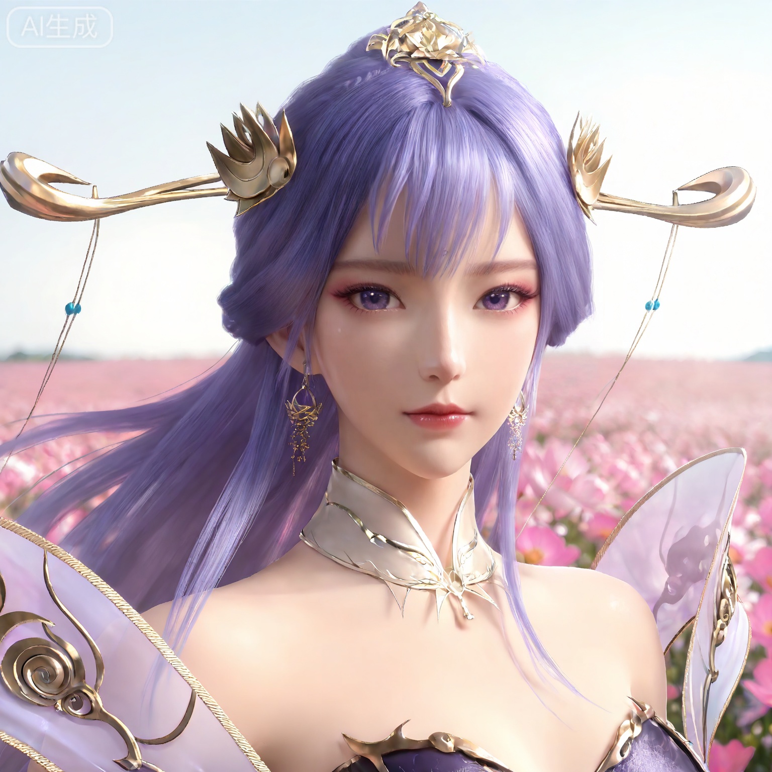 masterpiece,high quality,tall,game cg,highres,(soft light:1.2),white_skin,(shiny_skin:0.6),(realistic:1.1),,lvjing,,tianqiong,hair ornament,dress,long hair,jewelry,earrings,purple hair,bare shoulders,bracelet,closed mouth,detached collar,purple eyes,white_background,simple background,cover,flower field,wind,floating hair,day,(portrait:1.2),(looking_at_viewer:1.1),front view,