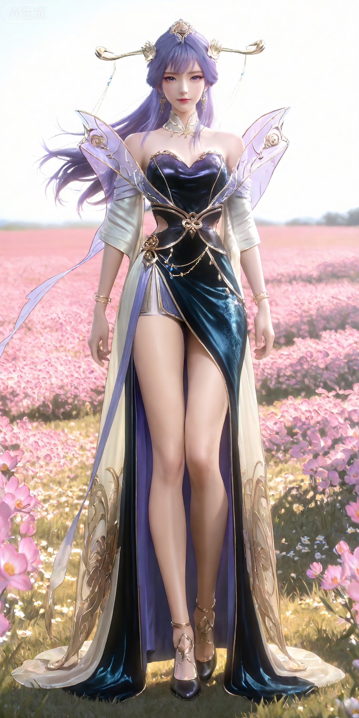 masterpiece,high quality,tall,game cg,highres,(soft light:1.2),white_skin,(shiny_skin:0.6),(realistic:1.1),,lvjing,,tianqiong,hair ornament,dress,long hair,jewelry,earrings,purple hair,bare shoulders,bracelet,closed mouth,detached collar,purple eyes,white_background,simple background,cover,flower field,wind,floating hair,day,(looking_at_viewer:1.1),legs,long legs,high heels,standing,