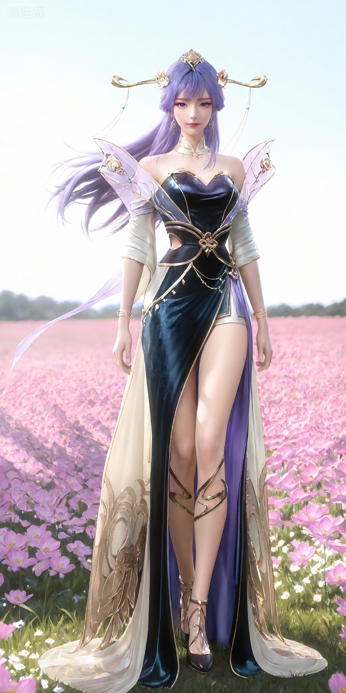 masterpiece,high quality,tall,game cg,highres,(soft light:1.2),white_skin,(shiny_skin:0.6),(realistic:1.1),,lvjing,,tianqiong,hair ornament,dress,long hair,jewelry,earrings,purple hair,bare shoulders,bracelet,closed mouth,detached collar,purple eyes,white_background,simple background,cover,flower field,wind,floating hair,day,(looking_at_viewer:1.1),legs,long legs,high heels,standing,