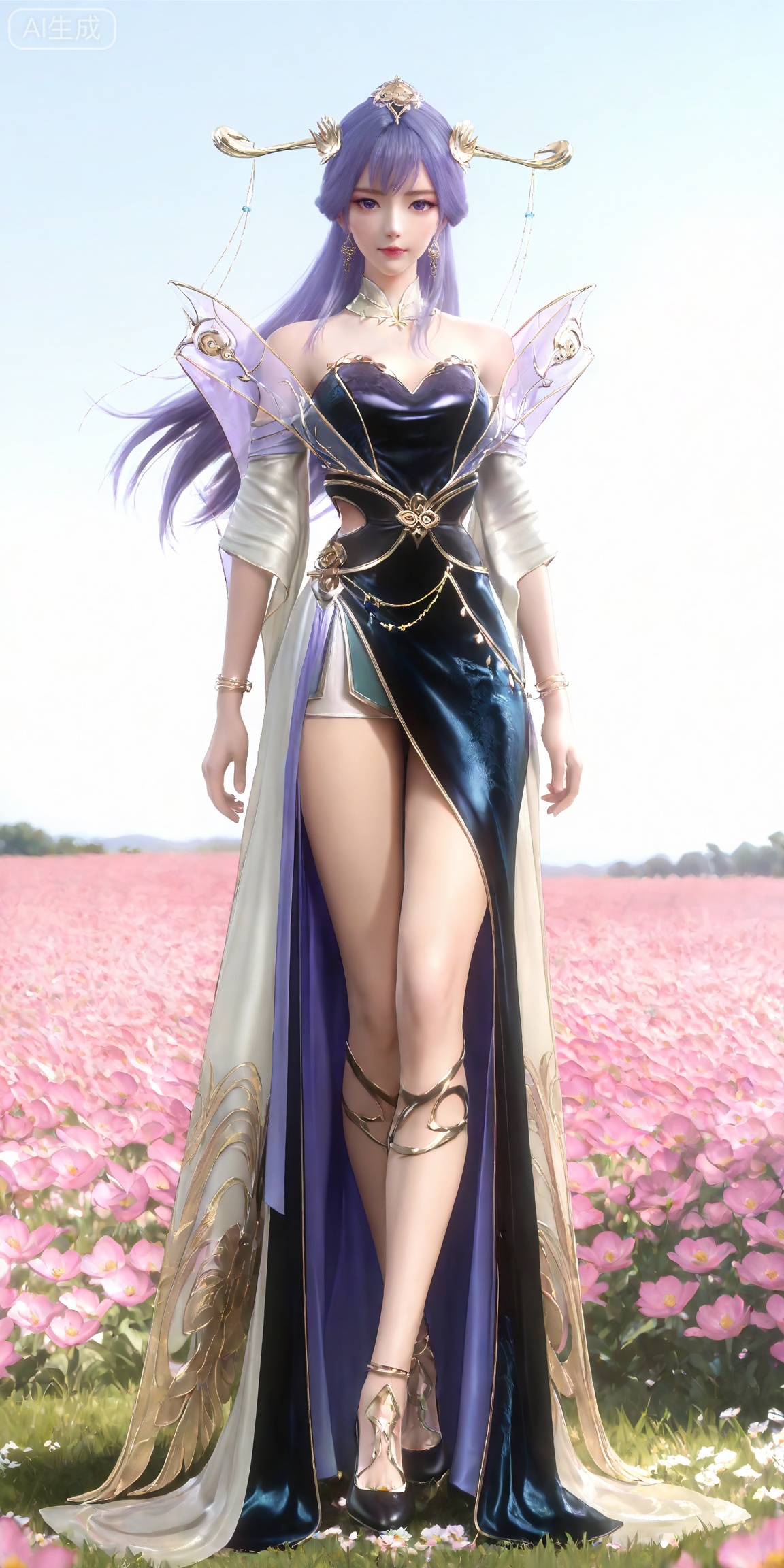 masterpiece,high quality,tall,game cg,highres,(soft light:1.2),white_skin,(shiny_skin:0.6),(realistic:1.1),,lvjing,,tianqiong,hair ornament,dress,long hair,jewelry,earrings,purple hair,bare shoulders,bracelet,closed mouth,detached collar,purple eyes,white_background,simple background,cover,flower field,wind,floating hair,day,(looking_at_viewer:1.1),legs,long legs,high heels,standing,
