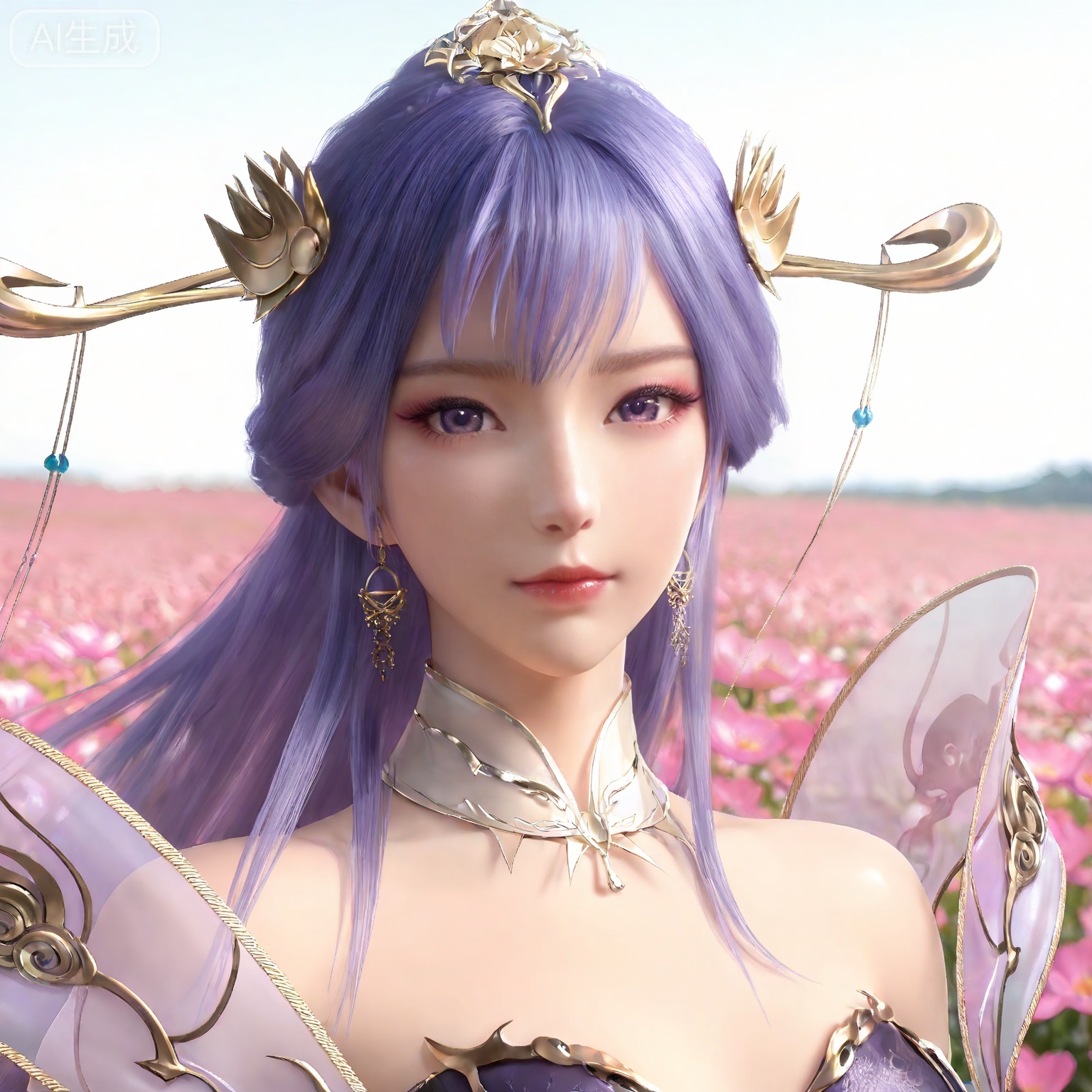 masterpiece,high quality,tall,game cg,highres,(soft light:1.2),white_skin,(shiny_skin:0.6),(realistic:1.1),,lvjing,,tianqiong,hair ornament,dress,long hair,jewelry,earrings,purple hair,bare shoulders,bracelet,closed mouth,detached collar,purple eyes,white_background,simple background,cover,flower field,wind,floating hair,day,(portrait:1.2),(looking_at_viewer:1.1),front view,