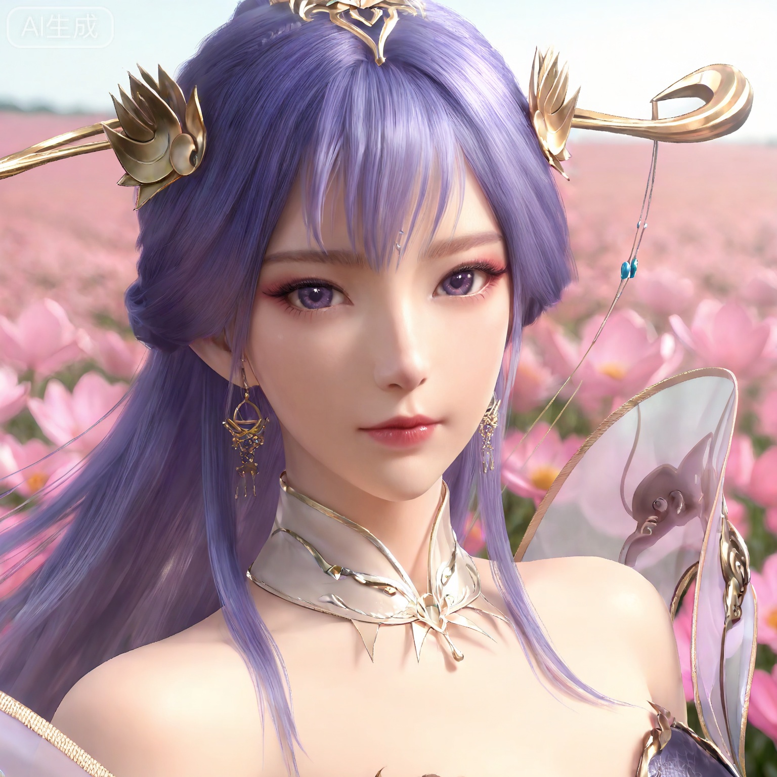 masterpiece,high quality,tall,game cg,highres,(soft light:1.2),white_skin,(shiny_skin:0.6),(realistic:1.1),,lvjing,,tianqiong,hair ornament,dress,long hair,jewelry,earrings,purple hair,bare shoulders,bracelet,closed mouth,detached collar,purple eyes,white_background,simple background,cover,flower field,wind,floating hair,day,(portrait:1.2),(looking_at_viewer:1.1),front view,
