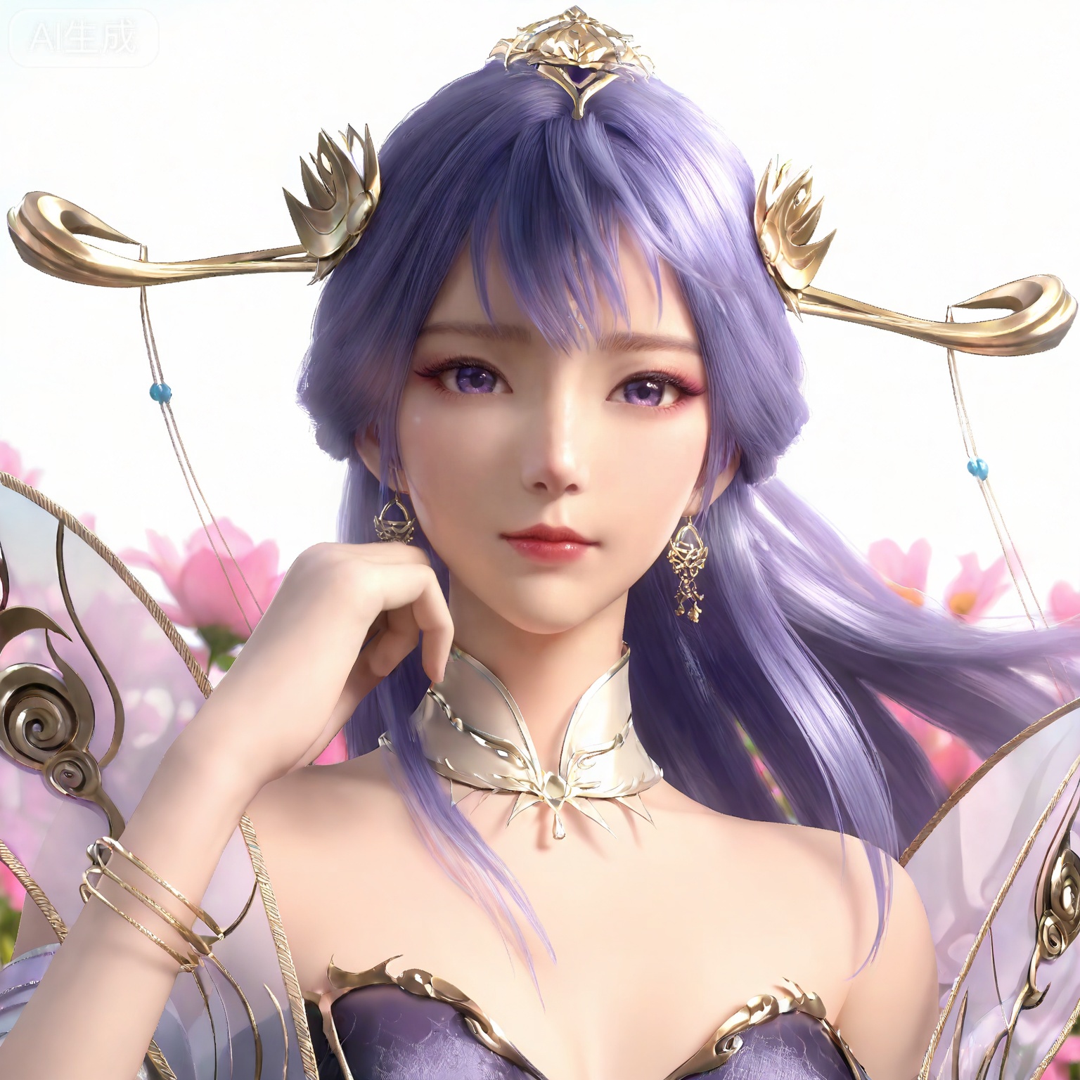 masterpiece,high quality,tall,game cg,highres,(soft light:1.2),white_skin,(shiny_skin:0.6),(realistic:1.1),,lvjing,,tianqiong,hair ornament,dress,long hair,jewelry,earrings,purple hair,bare shoulders,bracelet,closed mouth,detached collar,purple eyes,white_background,simple background,cover,flower field,wind,floating hair,day,(portrait:1.2),(looking_at_viewer:1.1),front view,