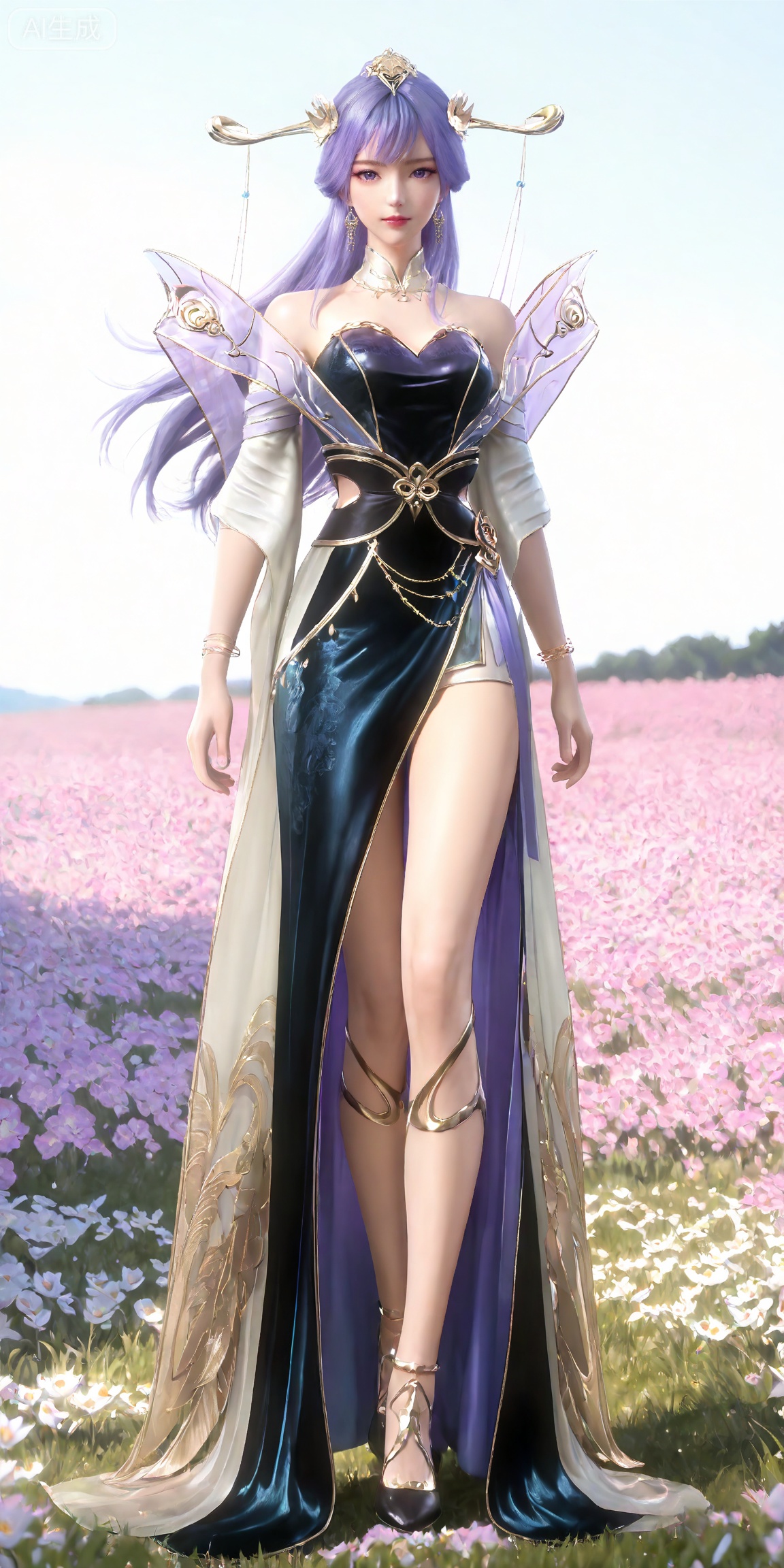 masterpiece,high quality,tall,game cg,highres,(soft light:1.2),white_skin,(shiny_skin:0.6),(realistic:1.1),,lvjing,,tianqiong,hair ornament,dress,long hair,jewelry,earrings,purple hair,bare shoulders,bracelet,closed mouth,detached collar,purple eyes,white_background,simple background,cover,flower field,wind,floating hair,day,(looking_at_viewer:1.1),legs,long legs,high heels,standing,