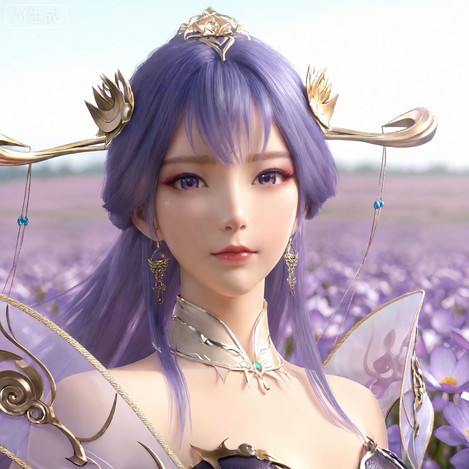 masterpiece,high quality,tall,game cg,highres,(soft light:1.2),white_skin,(shiny_skin:0.6),(realistic:1.1),,lvjing,,tianqiong,hair ornament,dress,long hair,jewelry,earrings,purple hair,bare shoulders,bracelet,closed mouth,detached collar,purple eyes,white_background,simple background,cover,flower field,wind,floating hair,day,(portrait:1.2),(looking_at_viewer:1.1),front view,