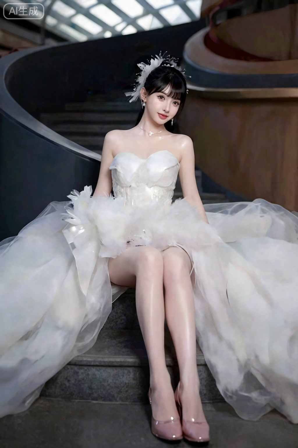 摄影杰作,精美壁纸,美颜,皮肤质感水润光滑年轻,去AI 感,职业微微笑,不露牙齿,丰满的胸部,看着镜头,
在具有设计感的螺旋楼梯上,新娘坐在台阶高处,婚纱裙摆像花朵一样铺开,白丝长腿,手扶栏杆,表情略带挑逗,摄影风格： 构图大师,广角镜头35mm f/1.4,强调楼梯的线条感和纵深感,光线从顶部天窗照射,皮肤光泽感极佳,画面前卫且震撼,high_heels,

,月月