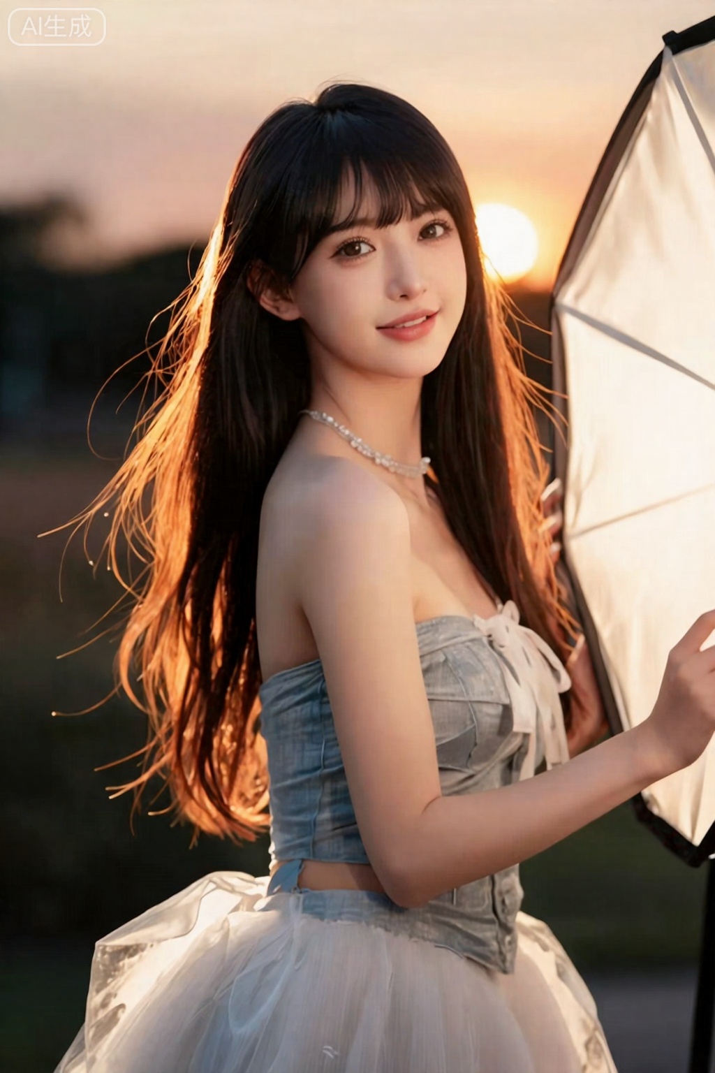 ,一位颜值逆天的仙女模特,牛仔式上半身构图,置身于黄昏的芦苇丛或海边,她身穿一件轻盈的白色蕾丝或纱质连衣裙,强烈的日落逆光从她身后照射,为她整个人勾勒出清晰的金色轮廓光,尤其是发丝根根分明,闪烁着迷人的光芒,她微微侧身回眸,眼神纯净,嘴角带着一丝羞涩又幸福的笑意,手部动作轻柔自然,
**摄影参数：** 户外强逆光人像,使用索尼FE 85mm f/1.4 GM 镜头拍摄,f/2.0 光圈,利用夕阳直射光创造强烈逆光,使用大型银色反光板将光线精准反射至面部,确保脸部通透白皙,ISO 200,快门速度1/800s,
**画质与风格：** 摄影级真实感,精准捕捉每一根发丝的光泽,连衣裙被光照透的纹理,皮肤上温暖的绒毛感以及眼神光,画面充满柔和的暖橙色光晕,高光部分控制极佳,氛围感直接拉满,是纯欲风逆光的标准模板,
,月月