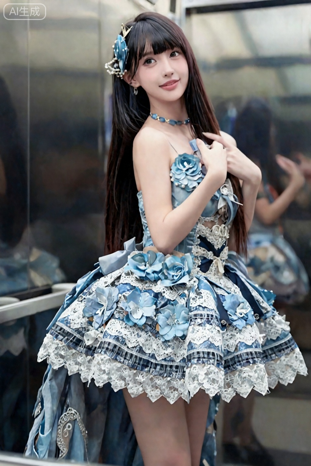 ,蒂法,黑色长直发,棕色大眼睛,真实照片,reality,
Masterpiece-level image quality, top quality, high quality, (low-angle macro shot from above), huge breasts, (black hair: 1.4), (long legs: 1.3), (slim legs: 1.4), 1 girl, An extremely ordinary iPhone selfie with no clear subject or sense of composition, just a casual snapshot. The photo has slight motion blur, slight overexposure caused by uneven sunlight or indoor lighting, wild beauty, exquisite facial features (slim face, big eyes, straight nose, cherry mouth, pointed chin), thin model figure, straight long thin brown hair, xhs beauty, ethereal feel, natural feel, white moonlight feel, hair accessories, earrings , Chuchu, a touch of happiness, priority for high scores and likes, visual capture points, tiredness, reliance, looking back, touching shoulders, breasts, reluctantly present, photo, super long hair spread to cover cheeks and chest, dressed, skinny but proud figure, 8k extremely high definition, front view, wet, mirror, elevator - Skirt: The main colors are light blue, white and black, with a multi-layered and complicated design. The skirt is covered with three-dimensional flowers, lace, and spliced ​​with black and white plaid fabrics. The waist is decorated with black cross straps and bows. The skirt is rich in layers, showing a gorgeous and delicate feel.​- Accessories: Pair it with a headdress decorated with pearls and flowers, echoing the style of the dress. The overall look is full of the luxury and fantasy of Lolita clothing.,,月月