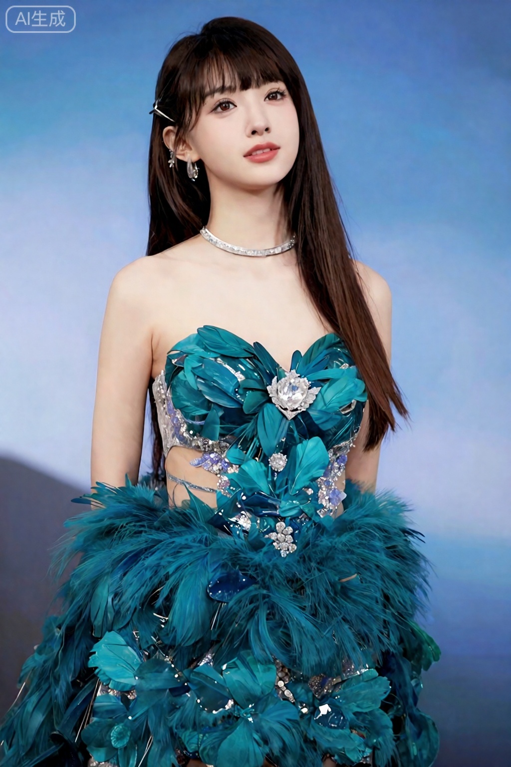 ,真实照片,reality,
Photograph of an East Asian woman with fair skin and long, wavy brown hair, wearing a strapless, teal-colored ball gown adorned with large, feather-like textures and sparkling embellishments. She has a slender build and is wearing a silver choker necklace with matching earrings. Her makeup is subtle, with a focus on her red lips. The background is a gradient of soft blue, adding a dreamy, ethereal quality to the image. The lighting is soft, highlighting the textures and colors of her dress, and she gazes slightly to the side with a serene expression. The overall style is elegant and sophisticated.
。,月月