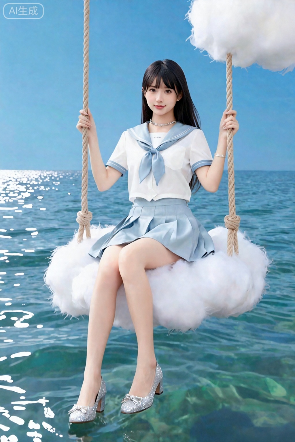 图像中,一位年轻女子坐在由蓬松的白云组成的秋千上,秋千悬浮在一片波浪柔和的海洋上。她穿着浅蓝色和白色水手风格的服装：蓝色领子的短袖上衣,搭配配套的领带,搭配百褶裙。,。她双腿交叉,穿着闪亮的银色钻石高跟鞋,上面有华丽的装饰细节。背景展示了清澈的蓝天和平静的青色海水,阳光从水面反射。秋千由粗大的棕色绳子固定,整体场景明亮,强调服装、云彩和自然环境的鲜艳色彩。,月月