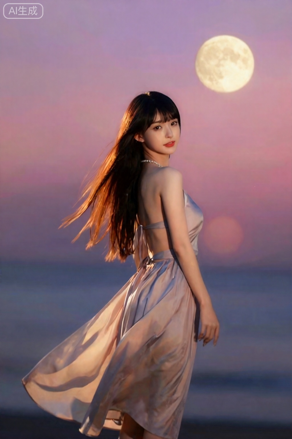 

一位长发飘飘的活力女孩,在日落时分的海边。她穿着飘逸的吊带长裙,。她回头望向镜头,夕阳的余晖为她勾勒出金色的轮廓,。背景是粉紫色渐变的天空,整个画面充满电影感和治愈感。
镜头参数：索尼A7R V, FE 135mm f/1.8 GM, f/2.8, 1/1000s, ISO 100。。,月月