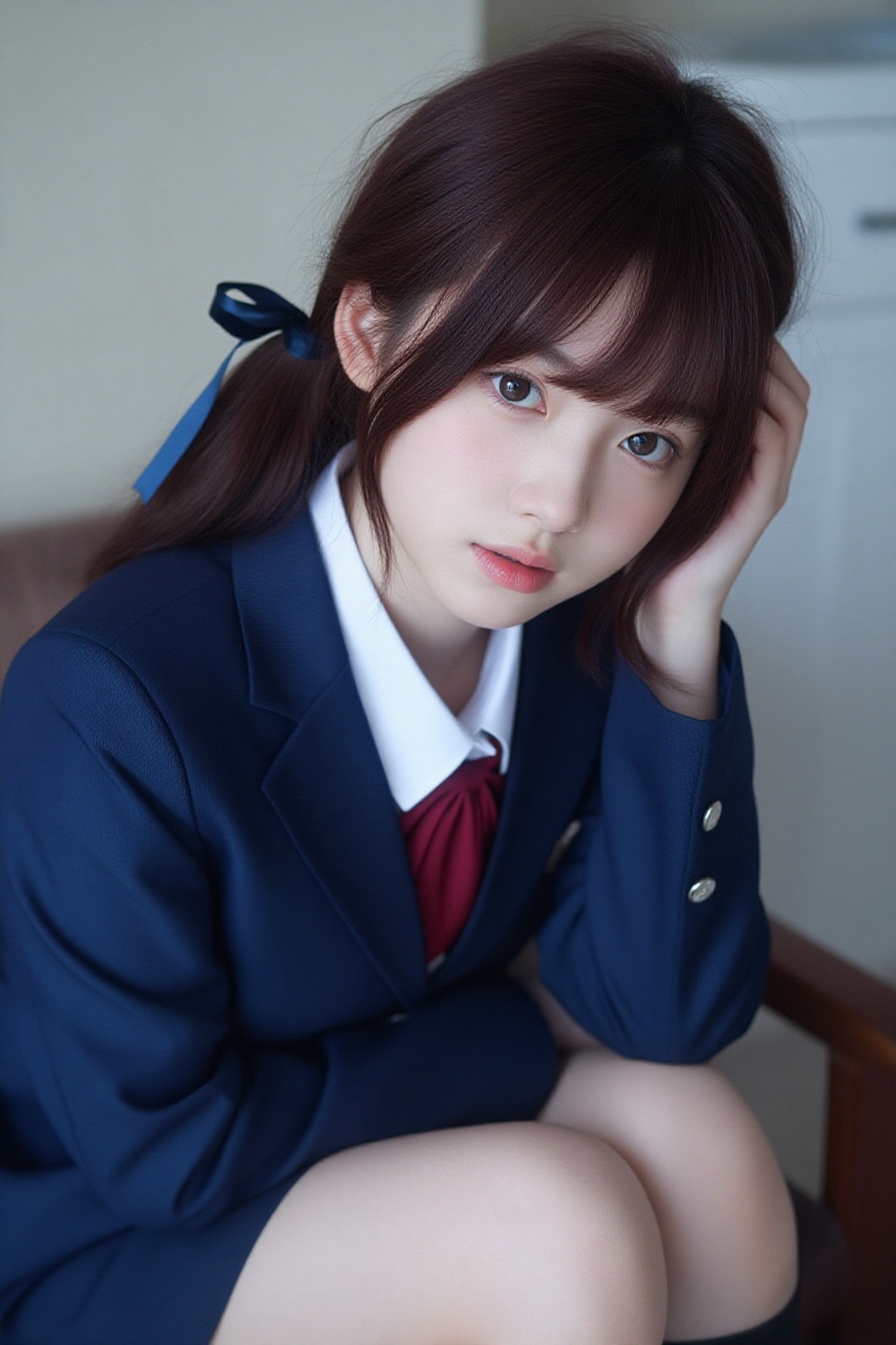 A beautifully cute girl with waist-length deep brown hair tied in a side ponytail with a ribbon,  wearing a classic and mo...
