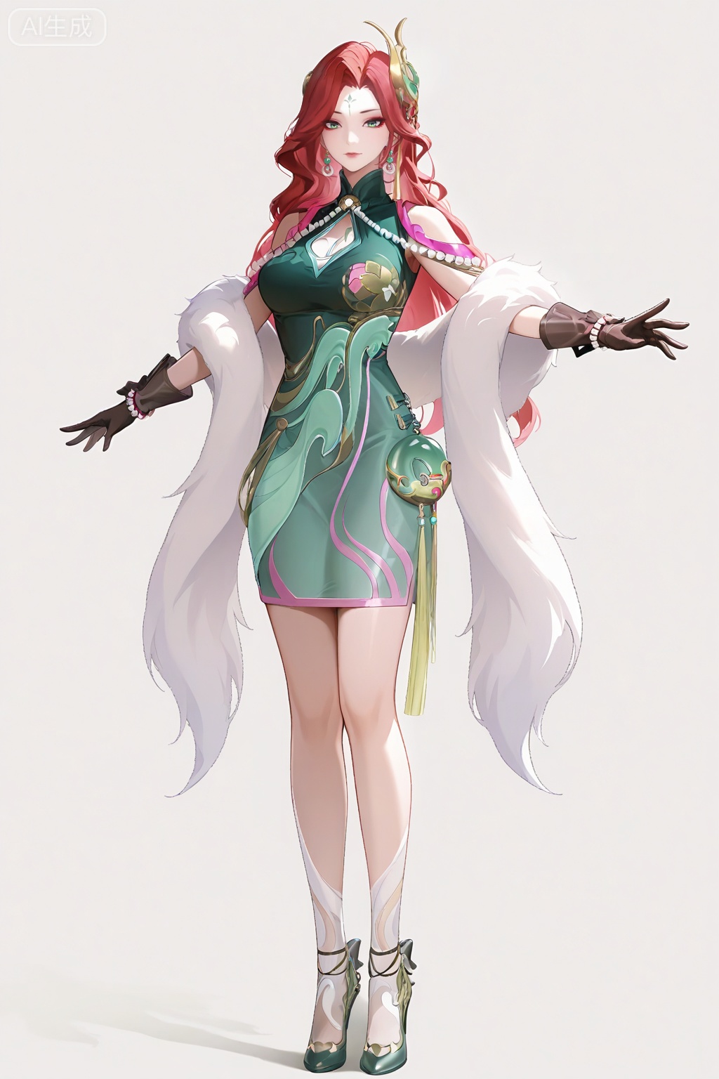 fmly ,1girl,solo,large breast ,red hair,green eyes,eyeshadow,long hair,forehead mark,jewelry,earrings,hair ornament,breasts,cleavage,beads,green dress,chinese clothes,clothing cutout,cleavage cutout,white fur shawl,jade pendant,see-through ribbon,gloves,black gloves,pearl bracelet,Jade high heels,leg pattern,full body,standing,white background,anime coloring