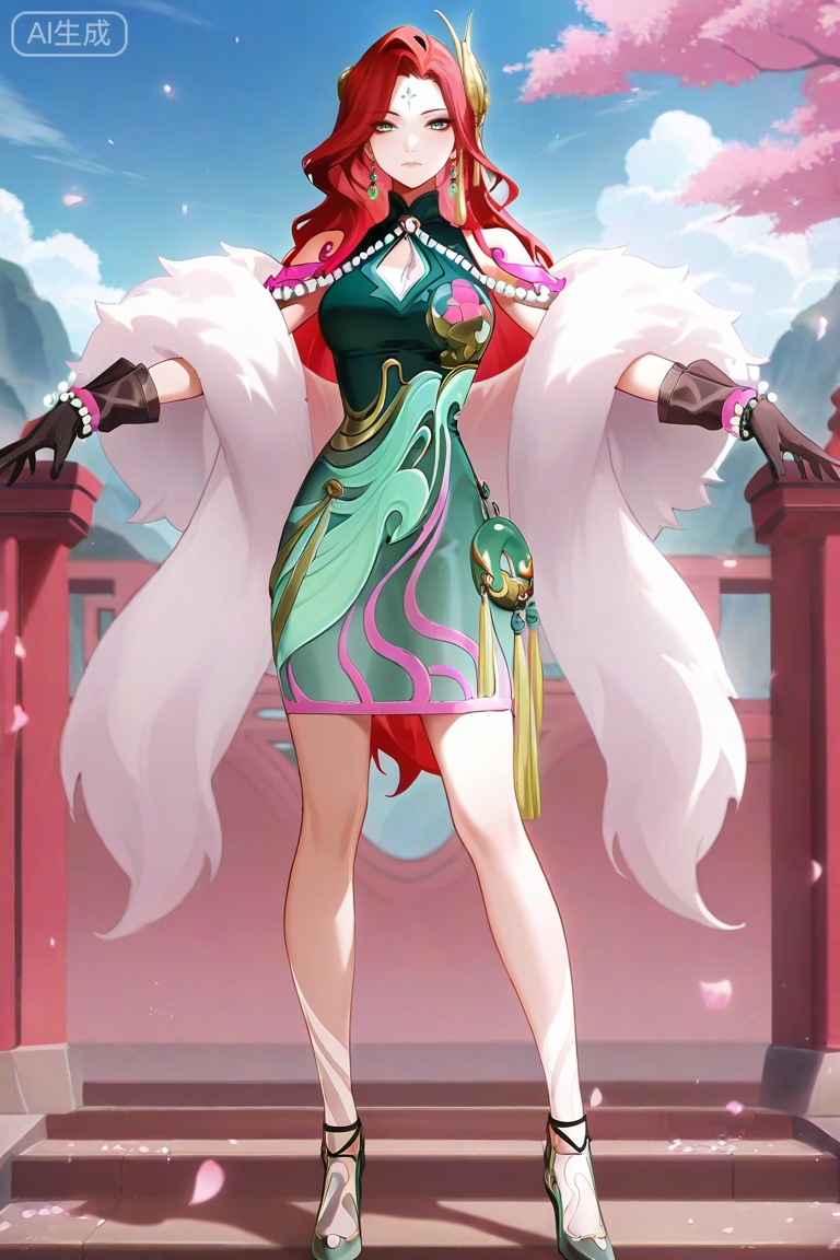 anime screencap,anime coloring,masterpiece,best quality,very aesthetic,amazing quality,best illumination,newest,perfect anatomy, ,looking at viewer,fmly ,1girl,solo,red hair,green eyes,eyeshadow,long hair,forehead mark,jewelry,earrings,hair ornament,breasts,cleavage,beads,green dress,chinese clothes,clothing cutout,cleavage cutout,white fur shawl,jade pendant,tassel,see-through ribbon,gloves,black gloves,pearl bracelet,Jade high heels,leg pattern,sky,petals,,day,,random pose, dynamic pose,sexy pose,full body
