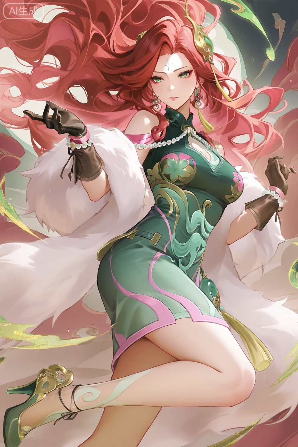 fmly ,1girl,solo,red hair,green eyes,eyeshadow,long hair,forehead mark,jewelry,earrings,hair ornament,breasts,cleavage,beads,green dress,chinese clothes,clothing cutout,cleavage cutout,white fur shawl,jade pendant,tassel,see-through ribbon,gloves,black gloves,pearl bracelet,Jade high heels,leg pattern