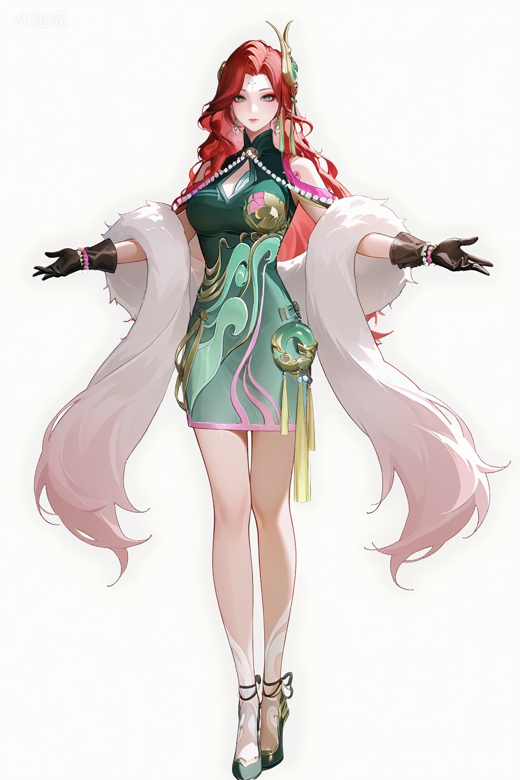 fmly ,1girl,solo,large breast ,red hair,green eyes,eyeshadow,long hair,forehead mark,jewelry,earrings,hair ornament,breasts,cleavage,beads,green dress,chinese clothes,clothing cutout,cleavage cutout,white fur shawl,jade pendant,tassel,see-through ribbon,gloves,black gloves,pearl bracelet,Jade high heels,leg pattern,full body,standing,white background