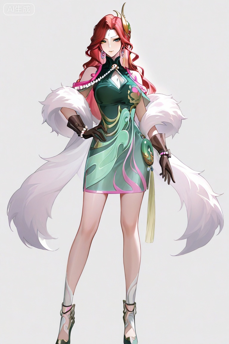 fmly ,1girl,solo,large breast ,red hair,green eyes,eyeshadow,long hair,forehead mark,jewelry,earrings,hair ornament,breasts,cleavage,beads,green dress,chinese clothes,clothing cutout,cleavage cutout,white fur shawl,jade pendant,see-through ribbon,gloves,black gloves,pearl bracelet,Jade high heels,leg pattern,full body,standing,white background,hand on hip,seductive_pose,sexy pose



