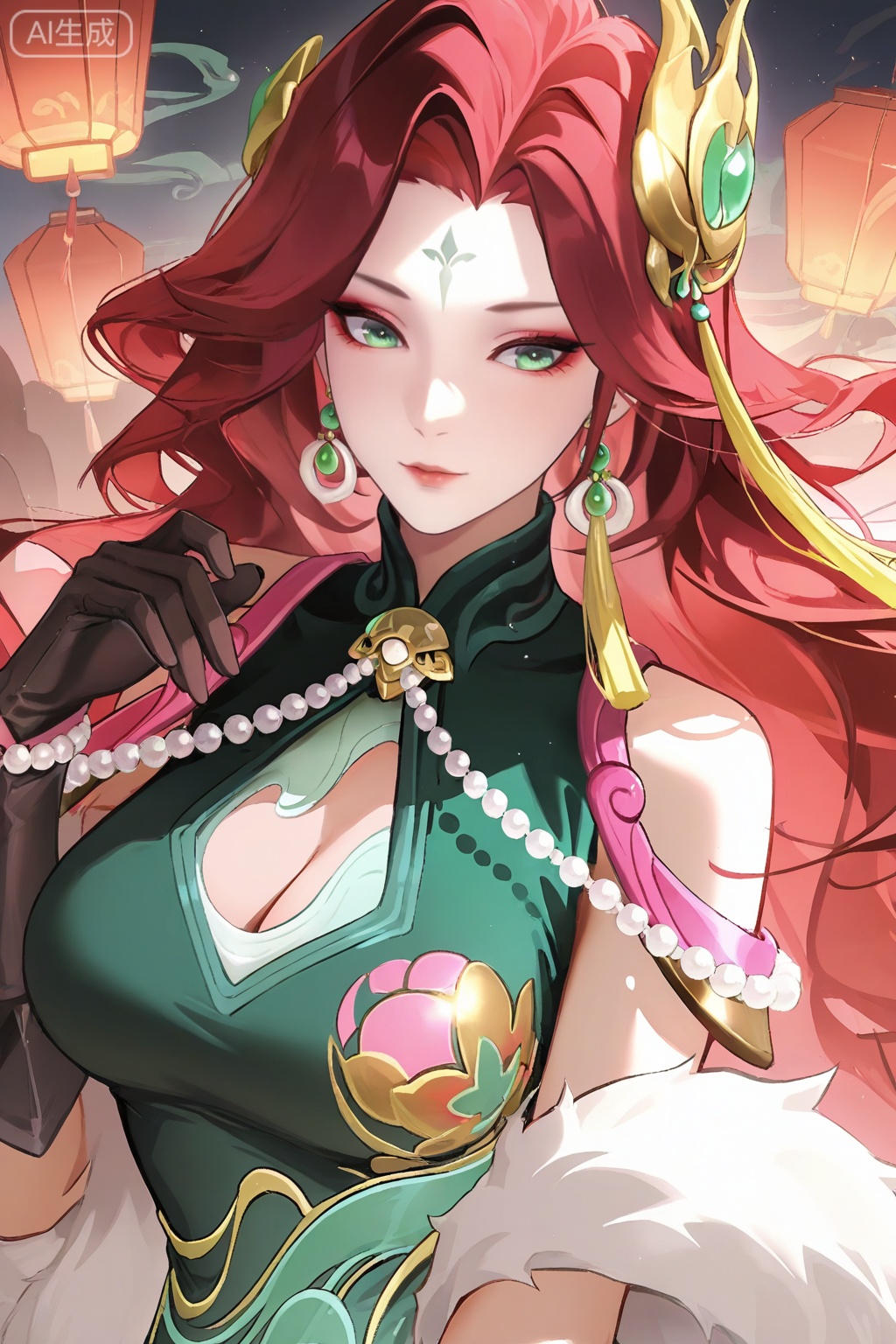 fmly ,1girl,solo,large breast ,red hair,green eyes,eyeshadow,long hair,forehead mark,jewelry,earrings,hair ornament,breasts,cleavage,beads,green dress,chinese clothes,clothing cutout,cleavage cutout,white fur shawl,jade pendant,tassel,see-through ribbon,gloves,black gloves,pearl bracelet,Jade high heels,leg pattern,upper body


