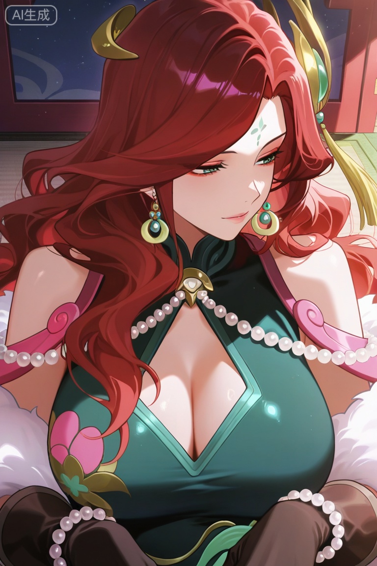 anime screencap,anime coloring, illustration,masterpiece,best quality,very aesthetic,amazing quality,
nsfw,
fmly ,1girl,solo,large breast ,breasts,red hair,green eyes,eyeshadow,long hair,forehead mark,jewelry,earrings,hair ornament,breasts,cleavage,beads,green dress,chinese clothes,clothing cutout,cleavage cutout,white fur shawl,jade pendant,tassel,see-through ribbon,gloves,black gloves,pearl bracelet,,upper body,


seductive_pose
