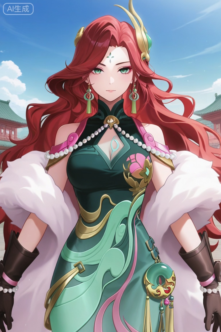 anime screencap,anime coloring, illustration,masterpiece,best quality,very aesthetic,amazing quality,
nsfw,1girl,solo,cowboy shot,
fmly ,1girl,solo,red hair,green eyes,eyeshadow,long hair,forehead mark,jewelry,earrings,hair ornament,breasts,cleavage,beads,green dress,chinese clothes,clothing cutout,cleavage cutout,white fur shawl,jade pendant,,see-through ribbon,gloves,black gloves,pearl bracelet
looking at viewer,see-through,
standing,straight-on,pose,

outdoor,sky,day,
