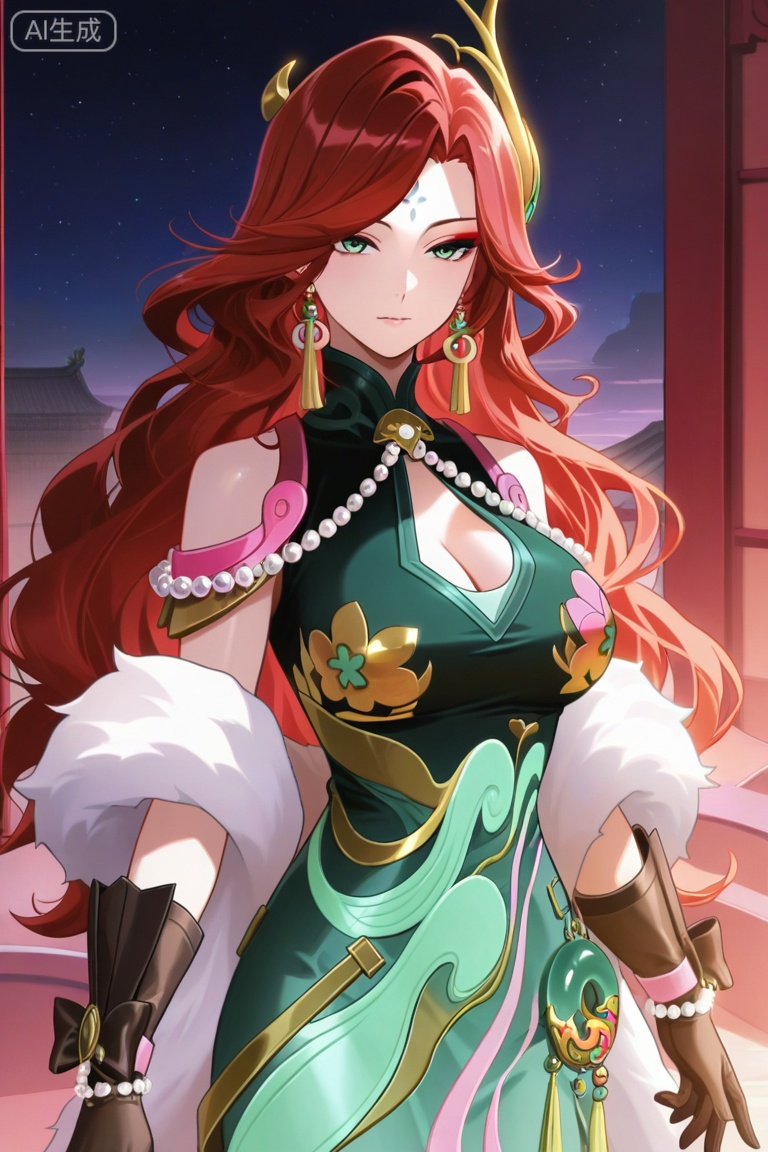 anime screencap,anime coloring, illustration,masterpiece,best quality,very aesthetic,amazing quality,
nsfw,1girl,solo,cowboy shot,
fmly ,1girl,solo,red hair,green eyes,eyeshadow,long hair,forehead mark,jewelry,earrings,hair ornament,breasts,cleavage,beads,green dress,chinese clothes,clothing cutout,cleavage cutout,white fur shawl,jade pendant,,see-through ribbon,gloves,black gloves,pearl bracelet
looking at viewer,see-through gloves,
standing,seductive_pose
