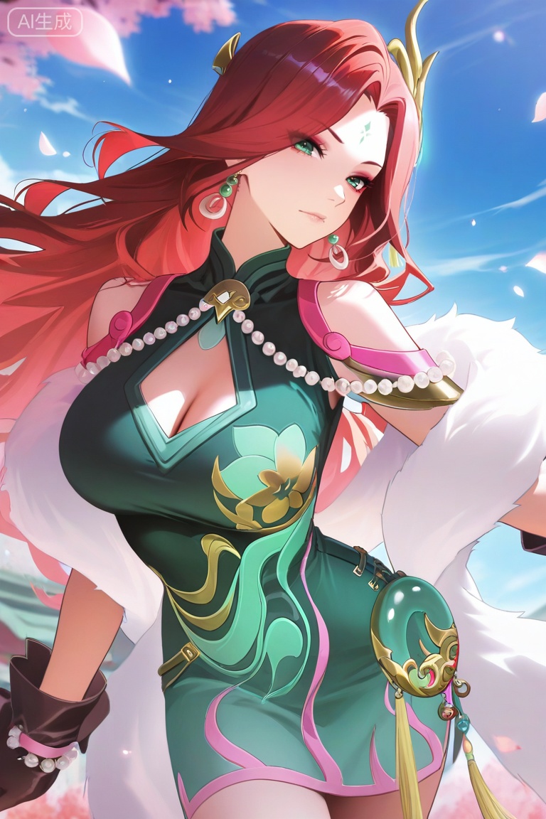 anime screencap,anime coloring,masterpiece,best quality,very aesthetic,amazing quality,best illumination,newest,perfect anatomy, ,looking at viewer,fmly ,1girl,solo,red hair,green eyes,eyeshadow,long hair,forehead mark,jewelry,earrings,hair ornament,breasts,cleavage,beads,green dress,chinese clothes,clothing cutout,cleavage cutout,white fur shawl,jade pendant,tassel,see-through ribbon,gloves,black gloves,pearl bracelet,Jade high heels,leg pattern,sky,petals,,day,,random pose, dynamic pose,sexy pose