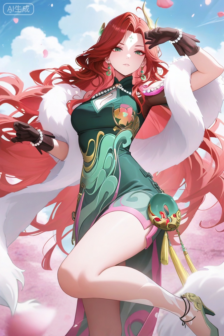 anime screencap,anime coloring,masterpiece,best quality,very aesthetic,amazing quality,best illumination,newest,perfect anatomy, ,looking at viewer,fmly ,1girl,solo,red hair,green eyes,eyeshadow,long hair,forehead mark,jewelry,earrings,hair ornament,breasts,cleavage,beads,green dress,chinese clothes,clothing cutout,cleavage cutout,white fur shawl,jade pendant,tassel,see-through ribbon,gloves,black gloves,pearl bracelet,Jade high heels,leg pattern,sky,petals,,day,,random pose, dynamic pose,sexy pose
