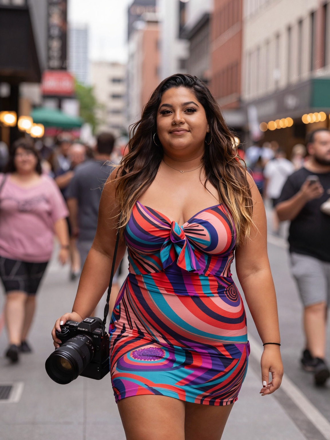A vibrant urban street portrait featuring a beautiful lady with long hair,  radiantly adorned in a stylish mini dress,  sh...