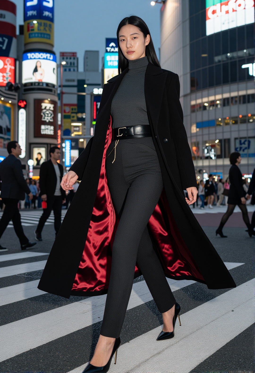 Neo-Kimono Power  Shibuya Crossing (Full Body) SUBJECT: Japanese female model,  sharp elegant facial features,  porcelain...