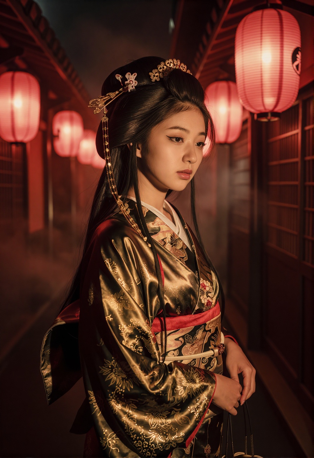 Create an image of a cinematic portrait of an Asian geisha standing in a dim lantern lit alley at night,  she wears a luxu...